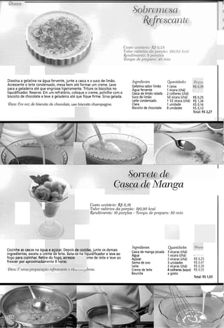 Dissolva a gelatina na água fervente, junte a casca e o suco de limão. Ii~gredientes
Acrescente o leite condensado, mexa bem até formar um creme. Leve Gelatina sabor limão
para a geladeira até que engrosse ligeiramente. Triture os biscoitos no Agua fervente
liquidificador. Reserve. Em um refratário, coloque O creme, polvilhe com O Casca de limãoralada
biscoito de chocolate e leve a geladeira até que fique firme. Sirva gelada. SUCO de limão
Leite condensado
Bica: Ena vez de biscoito de clzocolate, use biscoito chanzpagne. Clara
Biscoitode chocolate
Qrmltidcrdc.~.
1caixa
1 xícara (chá)
2 colheres (chá)
IR xícara (chá)
1 IR xícara (chá)
1unidade
8 unidades
R$ 0,25
R%1,34
R$ 0,16
R$ 0,13
Total: RS 2-27
?meted
w ade Manga
r-
Custo ur~itát-io:!&$ 0,IG
Valor.calórico da porgão: 190,YO kcal
!&eiidir)ieizto:10 porções - 5 ~ m p ode preparo: 30 niiil
Ing-r-edientes Quantidades Prccan
Cozinhe as cascas na água e açúcar. Depois de cozidas, junte os demais
Casca de manga picada 3 xícaras (chá)
ingredientes, exceto o creme de leite. Bata-os no liquidificador e leve ao Agua 1 xícara (chá) -
fogo para cozinhar. Retire do fogo, acresce1 ?me de leite e leve ao 2 xícaras (chá) R%0,25
freezer por aproximadamente 8 horas. Gema de ovo 3 unidades R$ 0,47
Leite 2 xícaras (chá) R$ 0,36
Qica:2 uma preparação ref~scanteo ricu ,-I r, ,'hras. Creme de leite 4 colheres (sopa) R$0,55
Baunilia a gosto
Total: RS 1,63
 