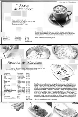 c -$!ocos
de- - vMandioca
Corte a mandioca em lâminas bem fininhas. Coloque separadamente
em uma assadeira e leve ao forno para secar por 10 minutos. Acrescente
o açúcar, misture e leve ao forno novamente até que fique crocante.
redientes Qyantidades Pi.e~o.0~
&a: Silva com pedaços d e h t a s .
Mandioca 3xícaras (chá) R$ 0,29
Açúcar cristal 1 xícara (chá) R$ 0,09
Total: R$ 0,39
dasanha Mandioca L
I ilitd1-io: 0.65 - 11Ól'icoda por-cão: 618,85 kcal
Y I ~ I I C ~ ~ ~ ~ I P ~ I ~ O :8 pol-cõt.s - w n p o dc plq~nl-o:11130
Inpdi~lztes Qianticlndes @reGos
Mandioca crua 2xícaras (chá) R$ 0,20
Oieo 314xícara (chá) R$ 0.31
Agua 1 112xícara (chá) -
Farinha de trigo 1 xícara (chá) R$ 0,13
Sal agosto
Molho: Óleo 2colheres (sopa) R$ 0,03
Cebola 3colheres (sopa) R$ o,og
Alho 1 dente R$ 0,01 Para fazer a massa, bata todos os ingredientes da massa no liquidificador e
Carne moída 400 g R$ 1,72 reserve. Em uma frigideira, faça discos de panqueca. Reserve. Para o molho,
Sal agosto aqueça o óleo, doure a cebola e o alho. Acrescente a carne moída e deixe
Salsa 2 colheres(sopa) R$ 0,112 refogar. Verifique o sal. Junte a salsa, o molho de tomate e deixe apurar. Para o
Molho de tomate 1 IR xícara (chá) R$ 0,68
MolhoBranco: Margarina 3colheres (sopa) R$ 0,23
molho branco, derreta a margarina, acrescente a farinha de trigo e deixe dourar.
inha de trigo 3colheres(sopa) R$ 0,07 Acrescente aos poucoso leite, mexendosempre para não empelotar. Verifique
.e morno 2 112xícaras(chá) R$ 0,45 o sal. Em um refratário, monte a lazanha começando pela massa, depois a
a gosto carne moída, outra de massa, uma camada de molho branco, o presunto, outra
camada de massa, uma de carne moída. Por último coloque uma camada de
I
Apresuntado 100g R$ 0,40 massa, o restante do molho branco e o queijo. Leve ao forno para gratinar.
Queijomussarelafatiado 100g R$ 0,88
Total: R$5,20 If)ica:dmandioca dá leveza a massa.
 