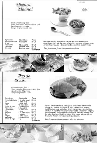 Czisto ~lnitdrio:$S 0.20
Valor cnldrico da porccio: 160,26 kcnl
jRel7diniento: 4 pory.ões
G n ~ p ocic. preparo: 20 nxin
h~geclientes Quantidades Preços
Proteínatexturizada 1xícara (chá) R$ 0,39 Misture a proteína de soja com o açúcar e o coco. Leve ao forno
de soja aquecido em 180°, até ficar bem torradinho e crocante. Retire do forno,
Açúcar cristal V2 xícara (chá) R$ 0,05 acrescente a uva-passa e deixe esfriar. Sirva com leite ou com frutas.
Coco ralado 3 colheres (sopa) R$ 0,24
Uva-passa 2 colheres (sopa) R$ 0,13 !Dica:& uva-passafomecc boa quanaúa.ded e p m .
Total: R$ 0,81
Pãode
Cuslo unilcii-io:R$0,13
Vctlol-cnlói-icoclu porção: 211,OS kcnl
Rendinxer~to:20 porcões
Ten111ode preparo: 1h30
I~~gwlie~?tes
Fermento biológico
Sal
Açúcar
Leite
Farinha de trigo
Agua morna
Cebola picada
Alho
Margarina
Ovo
Orégano
Manjericão
Farinha de trigo
Quantidades
1 1R colher (sopa)
1colher (chá)
1colher (chá)
IR xícara (chá)
3 colheres (sopa)
3xícaras (chá)
iRxícara (chá)
1dente
1 IR colher (sopa)
1 unidade
1 colher (sopa)
2 colheres (sopa)
1 kg
Preços
R$ 0,74
R$ 0,01
R$ 0,09
R$ 0,07
R$ 0,05
R$ 0,01
R$ 0,12
R$ 0,16
R$ 0,24
R$ 0,03
R$ 1,09
Total: R$ 2,61
Dissolva o fermento no sal e no açúcar, acrescente o leite morno e
misture as 3 colheres de farinha de trigo. Deixe crescer. Bata no
liquidificador a água, a cebola, o alho, a margarina e o ovo. Adicione
a mistura do liquidificador ao fermento crescido. Acrescente o orégano,
o manjericão e a farinha de trigo, aos poucos, até que a massa se solte
das mãos. Sove bem. Modele os pães e deixe crescer até que dobrem
de volume. Asse em forno quente até que dourem.
!bica: Ervas wonuítieasacentuamo sabor dos alinwi.2tos.
 