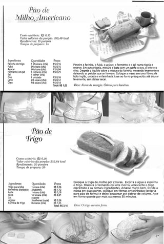 Cristo trnitcirio: i&$ 0,10
Valor caldrico da porgüo: 190,39 kcal
~orzclim~~ito:10 porcó~s
'TCt?zpodo preparo: 1h
higredieittes
Farinha de trigo
Fubá
Açúcar
Fermento em pó
Sal
ovo
Leite
Oleo
Ruantidacles
1V4 xícara (chá)
Y4 xícara (chá)
'V4xícara (chá)
5 colheres (chá)
1colher (chá)
1 unidade
U3 xícara (chá)
113xícara (chá)
Pregos
R$0,16
R$0,15
R$ 0,04
R$ 0,25
R$ 0,16
R$ 0,12
R$ 0,14
Total: R$1,03
Peneire a farinha, o fubá, o açúcar, o fermento e o sal numa tigela e
reserve. Em outra tigela, misture e bata com um garfo o ovo, o leite e o
óleo. Despeje o líquido sobre a mistura da farinha, mexendo levemente e
deixando as pelotas que se formam. Coloque a massa em uma fôrma de
bolo inglês, untada e enfarinhada. Leve ao forno preaquecido até dourar
levemente, sem deixar secar.
&a: ,Fonte de erzeigin. &imo para lanches.
Trigo
Custo ~iitit(írio:R$0.16
'I'inlor.cczlói-icoda porçno: %52,64kccil
f<erzdinzento:O porcòes
Tempo d~pí-opar-o:3h
ú~gredientes Quantidades
Trigo para kibe 1xícara (chá)
Fermento biológico 3tabletes
Leite 1xícara (chá)
61e0 112xícara (chá)
Sal a gosto
Açúcar 3 colheres (sopa)
Farinhade trigo 8xícaras (chá)
Preços
Coloque o trigo de molho por 2 horas. Escorra a água e esprema
o trigo. Dissolva o fermento n o leite morno, acrescente o trigo
R$0,56
R$ 1,12
espremido e os demais ingredientes. Amasse muito bem. Divida a
R$ 0.18
massa em duas partes, coloque em fôrmas enfarinhadas (própria
R$ 0,21 para pão de fôrma) e deixe descansar até dobrar de volume. Asse
em forno quente por mais o u menos 50 minutos.
R$ 0.06
 