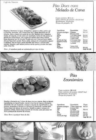 Dissolva o fermento na água. Acrescente o açúcar e o óleo, junte o sal
e a farinha. Sove bem, até a massa ficar lisa, e deixe descansar por 20
minutos. Abra a massa com ajuda de um rolo. Recheie com a rapadura
moída, em seguida, enrole como um rocambole. Corte em três partes no
sentido do comprimento, vire a parte do recheio para cima e trance.
Deixe descansar por 30 minutos. Pincele com ovo e leve ao forno médio
até que fique bem corado. Para a calda, coloque em uma panela a água e
a rapadura, leve ao fogo e deixe derreter até reduzir o volume pela
metade. Quando o pão estiver pronto e ainda quente, pincele com esta
calda. Sirva frio.
I~~gredientes Quanticlcules
3tabletes
314xícara (chá)
1 112colher (sopa)
114xícara (chá)
1colher (café)
2 112xícaras (chá)
1 112xícara (chá)
1unidade
~ermentobiológico
Asua
Açucar
óleo
Sal
Farinhade trigo
Rapadura moída
Ovo
Calda:
Agua
Rapadura
1 xícara (chá)
112xícara (chá) R$ 0,28
Total: RS 2,84&a: $íI-apadurapode ser substituída por doce de leite.
Pão
Econômico
C~islounitário: a$0,09
Valor,ccilcírico da purcdo: 248,97 kcul
R~ndini~rzto:20 porgõ~s
%~i,1?2~30de prq3ctro: 211
Dissolva o fermento em Ixícara de água morna e reserve. Bata os demais
ingredientes no liquidificador, menos a farinha de trigo e o fermento
dissolvido. Em um recipiente, coloque o líquido do liquidificador e, aos
poucos, acrescente a farinha e o fermento já dissolvido. Amasse bem.
Deixe crescer até dobrar de tamanho. Modele os pães e coloque em
assadeira untada. Deixe crescer durante 30 minutos. Leve para assar em
forno preaquecido durante 40 minutos.
Ingredientes
Fermento biológico
Agua
Ovo
Sai
Oleo
Açúcar
Farinhade trigo
Quantidades @reços
1 colher (sopa) rasa R$ 0,25
2xícaras (chá)
1unidade R$0,16
112colher (chá) -
112xícara (chá) R$ 0,21
112xícara (chá) R$ 0,06
8xícaras (chá) R$ 1,05
Total: R$ 1,72
inica:Gom a quakquei-hora do dia.
 