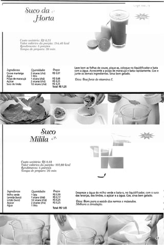Lave bem as folhas de couve, pique-as, coloque no liquidificador e bata
Ingredientes Quantidades a-eços com a água. Acrescente a polpa de maracujá e bata rapidamente. Coe e
Couve manteiga 2 xícaras (chá) R$0,07 junte os demais ingredientes. Sirva bem gelado.
Agua 1litro
Polpa de maracujá 1xícara (chá) R$0,68 Dica: @oafonte de vitamina E.
Açúcar 2xícaras (chá) R$0,25
Suco de limão 112xícara (chá) R$ 0,25
Total: R$ 1,25
I r ' ;
4
Suco
Crtsto ~it?itál-io:!&7 0,33
P7nlor cnl6rico cln porgclo: .303,60 kcal
&~ndimot?to:5 poiyóes
CTé.nlpoclo preparo: 20 iniri
-ii
Ingredientes Quantidades @-ecos Despreze a água do milho verde e bata-o, no liquidificador, com o suco I
Milhoverde 1lata R$ 0,99
R$ 0,17
das laranjas, dos limões, o açúcar e a água. Coe, sirva bem gelado.
Laranja (suco) 1xícara (chá) I
Limão (suco) 112xícara (chá) R$0,25
Açúcar 2xícaras (chá) R$ 0,25 Dica: @ompara a saúde dos nervos e músculos.
Melhora a circulação. I
Agua 1 litro
Total: R$1,65 I
 