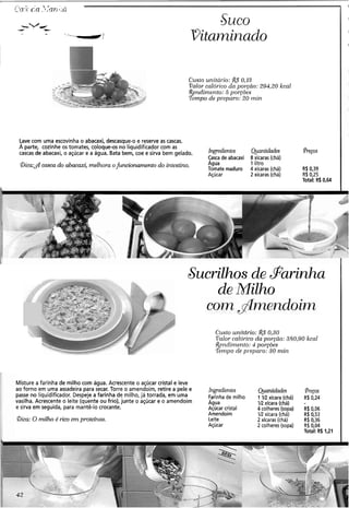 C'uslo unitdi.io: &S 0,1:3
Volor-culdrico cln por-@o:294,20 kcal
Rendlrize~zto:5 porpies
Ternpo de pr-c.pnro:20 inin
Lave com uma escovinha o abacaxi, descasque-o e reserve as cascas.
A parte, cozinhe os tomates, coloque-os no liquidificador com as
cascas de abacaxi, o açúcar e a água. Bata bem, coe e sirva bem gelado. Ingredientes QPantidades preços
Casca de abacaxi 8 xícaras (chá). .
@ica:&l casca do abacaxi; melhora ofuncionamento do intestino. Água 1 litro
Tomate maduro 4 xícaras (chá) R$0,39
Açúcar 2 xícaras (chá) R$ 0,25
Total: R$0,64
_H
. Suerilhos de garinha
e . .-
.d. A-.+.. ::-,L=--- . . ,-,-i
r~. . ..:T '."az:::
de Milho
-. , - .-
',.- - ' ,a.,-- :-< 3
- ..r ..,"-. r -w
- . C'~i.gtourzitdrio: 0,30
-es. Tkdor cnlói-icoda por-cão: 380,90 kcnl
- . $erzdiniento: 4 poyòes-
,." Tetnpo cle pr.epar-o::30 nziiz
Misture a farinha de milho com água. Acrescente o açúcar cristal e leve
ao forno em uma assadeira para secar. Torre o amendoim, retire a pele e Ingredientes
passe no liquidificador. Despeje a farinha de milho, já torrada, em uma Farinha de milho
vasilha. Acrescente o leite (quente ou frio), junte o açúcar e o amendoim A~,,
e sirva em seguida, para mantê-lo crocante. Açúcar cristal
Amendoim
(Dica:O milho 6 rico em protelnas. Leite
Açúcar
Quantidades &ecos
1 1R xícara (chá) R$ 0,24
V2 xícara (chá) -
4 colheres (sopa) R$ 0,06
1R xícara (chá) R$ 0,53
2xícaras (chá) R$ 0,36
2 colheres (sopa) R$0.04
Total: R$1,21
 