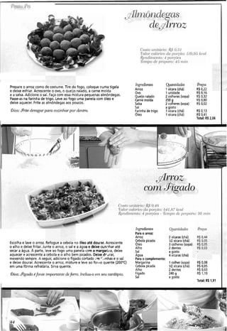 Prepare o arroz como de costume. I ire ao fogo, coloque numa tigela
Ingredientes Quantidades Preços
e deixe esfriar. Acrescente o ovo, o queijo ralado, a carne moída Arroz 1 xícara (chá) R$ 0,22
e a salsa. Adicione o sal. Faça com essa mistura pequenasalmôndegas.
Ovo 1 unidade R$ 0,16
Queijoralado 2 colheres (sopa) R$ 0,32
Passe-asna farinha de trigo. Leve ao fogo uma panela com óleo e Carne moída 250 g R$ 0,80
deixe aquecer. Frite as almôndegas aos poucos. Salsa 2 colheres ísooa) RS0.02
Bica:&rite devagar para cozinl.larpor dentro.
. . .
Sal a gosto
Farinhade trigo 1 xícara (chá) R$ 0,13
Óleo 1 xícara (chá) R$ 0,41
Total: R$2,06
. .
: .drrOzn
. .
cc @gado
. -
. . . .
Citsto ut?itdr.io:&S 'O,48
- . ~'~./or-~cci/(jricodn porgdo: 541,54kccil
$eilclii~~ento:4 por~õc?s- %~rr~pocle p~.~p~lro:i30 1rii71
Ingredientes Quantidades . Pregos
Para.oarroz:
Arroz 2 xícaras (chá) R$.0,44
Escolha e lave o arroz. Refogue a ceDoia no óleo até dourar. Acrescente
Cebola picada V2 xícara (chá) -R$0,05 . .
Óleo 3 colheres (sopa) R$ 0,05
o alho e deixe-fritar. Junte o arroz, o sal e a água e deixe c~ziriharaté Alho 2 dentes R$ 0,03
secar a água. A parte, leve ao fogo uma panela com a margariiia, deixe Sai a gosto
aquecer e acrescente a cebola e o alho bem picados. Deixe drcirar, Ag'ua 4 xícaras (chá)
mexendo sempre. A seguir, adicione o fígado cortado zrn *:, inhas e o sal Para o complemento:
e deixe dourar. Acrescente o arroz, misture e leve ao for110quente (200°C) Margarina 1 colher (sopa) R$ 0,08
em uma fôrma refratária. Sirva quente. Cebola picada IR xícara (ch'á) R$ 0.05
Alho 2 dentes R$ 0,03
Oim:$(gado éfonte impoi-tantedefero. Inclzla-o e171seu cardápio. Fígado 240 g R$ 1,19
Sal a aostod
Total: R$1,91 1
 