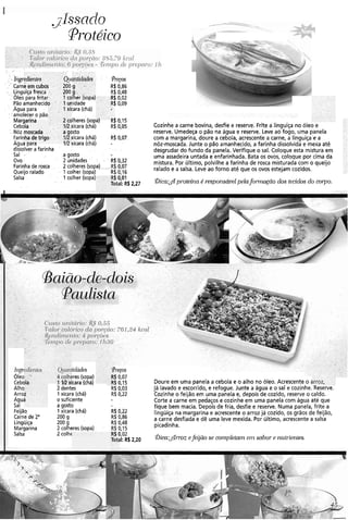 -1ssaclo-4 --
@-otéico
. . . . . -
. . .
. .
. .
. . . . . .
. .
.. .. lj1g-J:
. . .
3u ' @eps
.: Carns 10 - R $0,86
-- . 'Linguiça Tresca 10 R$ 0.48
' . Oleo para fritar Iher (sopa) ;0,02
'Pãoamanhecidc iidade i0,09
. ,Aguapara- , :ara (chá)
::-amolecero pão . .
Marc~-..I.. -
Iheres (sopa) K$ 0,15
Cebc (ícara (chá) R$-0,05
.. Nóz )sto
Farin &ara (chá) , R$ 0.07.
Agu'O Pai o ,,, xícara (chá) - .
dis'solverafarinha ' . . .
Sal -- .a gosto
Ovo 2 unidades '. .. ' R$-0,32
Farinha.de.rosca, . . 2 colheres (sopa) RB n,07
Queijoralado , . 1 colher (sopa) 1,16
Salsa 1 colher (sopa). .
i,o1
, .
I:R$ 2,27
e em cubo:~ . - ~l ~ - ~ ~ -
Cozinhe a carne bovina, desfie e reserve. Frite a linguiça no óleo e
reserve. Umedeça o pão na água e reserve. Leve ao fogo, uma panela
com a margarina, doure a cebola, acrescente a carne, a linguiça e a
nóz-moscada.Junte o pão amanhecido, a farinha dissolvida e mexa até
desgrudar do fundo da panela. Verifique o sal. Coloque esta mistura em
uma assadeira untada e enfarinhada. Bata os ovos, coloque por cima da
mistura. Por último, polvilhe a farinha de rosca misturada com o queijo
ralado e a salsa. Leve ao forno até que os ovos estejam cozidos.
jarina
da
moscada
lha de trigc
,,-,?.r?.
Dica:d pr-ot~ír~aé resl~onsáoelpelaforrrzagão dos teciclosdo colyo.
11lg-l
Óleo
Cebc
Alho
Arro
Agui
Sal
Feijão
Carne de 2"
Linguiça
Margarina
Salsa
'idad~s '~'Q~os
tres (sopa) b 0,07
. .,...cara (chá) ,.4 0,15
2 dentes R$ 0,03
1xícara (chá) R$ 0,22
o suficiente
a gosto
1 xícara (chá) R$ 0,22
200 g R$ 0,86
200 g R$ 0,48
2 colheres (sopa) R$ 0,15
2 colhr ),O2
11: R$ 2,20
Doure em uma panela a cebola e o alho no óleo. Acrescente o ; ,
já lavado e escorrido, e refogue. Junte a água e o sal e cozinhe. Reserve.
Cozinhe o feijão em uma panela e, depois de cozido, reserve o caldo.
Corte a carne em pedaços e cozinhe em uma panela com água até que
fique bem macia. Depois de fria, desfie e reserve. Numa panela, frite a
linguiça na margarina e acrescente o arroz já cozido, os grãos de feijão,
a carne desfiada e dê uma leve mexida. Por último, acrescente a salsa
picadinha.
!res (sopa) . .
~ica:&i-rozefeijüo se coornpletal~zem sabor e nuu-ierzles.
 