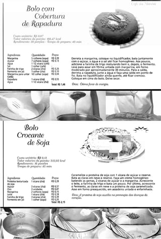 Bolo coi7z
Iiigr~di~ntes
Margarina
Açúcar
Agua
Sal
Farinha de trigo
Fermento em pó
Margarina para untar
Calda:
Rapadura
Agua
@aiztidacles
5 colheres (sopa)
7 colheres (sopa)
1 112 xícara (café)
1colher (café)
2 xícaras (chá)
1colher (chá)
112 colher (sopa)
1xícara (chá)
1 112 xícara (chá)
'Pregos
R$0,39
R$0,13
R$ 0,55
Total: R$ 1,48
Derreta a margarina, coloque no Iiquidificador, bata juntamente
com o açúcar, a água e o sal até ficar homogêneo. Aos poucos,
adicione a farinha de trigo misturando bem e, depois, o fermento.
Leve para assar em fôrma untada com margarina, em forno
moderado por aproximadamente 30 minutos. Para a calda,
derreta a rapadura, junte a água e faça uma calda em ponto de
fio. Bata no liquidificador ainda quente, até ficar cremoso.
Coloque em cima do bolo. Deixe secar.
(Dica: 6tin1.afonte de energia.
Bolo -4.=-.&.**7:T?;-?-Y--+-&.+*-g.:.- ..Y;.. -+:. ::a,.
&"..~*.-::- .-
+H?---iC .. ,.
. -. . . .....: ... .. .. . 'i' 2 ;
-.
, - . --:.
Crocante e..,:>-' . -2 '. - '--
(; ..-, ,.-. . : .., . - . .
- .
.": "-..
'"a
de Soja ' - .
47,- +l, . .
. - *c.
' . - I " ' 3 *i+
. . -y: .?$,1 -.. -.',
Custo ur~.itcírio: 0,13 -
Fnlor cnl01.icoda poi-c.c?o:232,92 kcal __
Rendirrier~tb:16 pol-r6c.s
'%w?.~Iode pr-epai-o:45 rnin
Ingredientes
proteína texturizada
de soja
Açúcar
ovo
Margarina
Leite
Farinha de trigo
Fermento em pó
Quantidades
1 xícara (chá)
3 xícaras (chá)
3 unidades
2 colheres (sopa)
1xícara (chá)
3 xícaras (chá)
1 colher (sopa)
Preços
R$0,39
R$ 0.37
R$0,47
R$0,15
R$0.18
R$0,39
R$0,20
Total: R$ 2,15
Caramelize a proteína de soja com 1 xícara de açúcar e reserve.
Bata as claras em neve e reserve. Faça um creme homogêneo
batendo as gemas, 2 xícaras de açúcar e a margarina. Acrescente
o leite, a farinha de trigo e bata um pouco. Por último, acrescente
o fermento, as claras em neve e a proteína de soja caramelizada.
Asse em forno preaquecido, em assadeira untada e enfarinhada.
!bica:& proteína de soja auxilia na prevençao das doeiips clo
coraí$io.
 