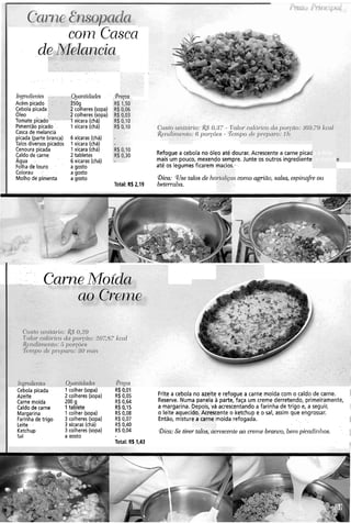 C 0 7 7 2 * & 9 ~ ~ 1
. , dc
.. . . .
. . .
. . . . . . . . . .
. .
. .
hpcdicntes 2lantidades . . PW~OS
Acém picado
Cebola picada
Oleo
Tomate picado
Pimentãopicado
Casca de melancia
picada (parte branca)
Talos diversos picados
Cenoura picada
Caldo de carne
Agua
Folha de louro
Colorau
Molho de pimenta
1509
!colheres(sopa)
!colheres(sopa)
1 xícara (chá)
1 xícara (chá)
6 xícaras (chá)
1xícara (chá)
1xícara (chá)
2 tabletes
6 xícaras (chá)
a gosto
a gosto
a gosto
Total: R$2,19
Refogue a cebola no óleo até dourar. Acrescente a carne picad
mais um pouco, mexendo sempre. Junte os outros ingrediente
até os legumes ficarem macios.-
a e frite
s e cozinh
Dica: Wsetalos de ho
beterraba.
como agrião,salsa,espinafre OLL
I Carne&1oíc
cebola picada 1 colher (sopa) R$0,01
Azeite 2 colheres (sopa) R$0,05 Frite a cebola no azeite e refogue a carne moída com o caldo de carne. 1
Carne moída 200 g R$0,64 Reserve. Numa panela a parte, faça um creme derretendo, primeiramente,
Caldo de carne Itablete R$ 0.15 a margarina. Depois, vá acrescentando a farinha de trigo e, a seguir,
Margarina 1 colher (sopa) R$0,08 o leite aqueci1 :ente o ketchup e o sal, assim que engrossar.
Farinha de trigo 3 colheres (sopa) R$0,07 Então, misturc moída refogada. I
Leite 3 xícaras (chá) R$ 0,40
Ketchup 3 colheres(sopa) R$0,04 Bica: Se tiver CULOS, crescente ao creine branco,beln picadinhos.
Sal a aosto I
do: Acresc
2 a carne I
Total: R$I,43
' . I
 