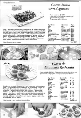 1 Corte o pernil em cubos pequenos e tempere com sal. Aqueça uma colher
de óleo, acrescente 1 colher de cebola e deixe dourar. Junte o pernil e frite
por igual. Acrescente o açúcar, deixe dourar e reserve. Pique o chuchu e a
abóbora em cubos grandes e reserve. A parte, refogue a cebola restante e
o alho no óleo. Junte o chuchu e a abóbora e deixe cozinhar até ficar "a1
dente", acrescentando água se necessário. Passe os cubos de abacaxi na
farinha de trigo e frite-os no óleo. Deixe escorrer em papel absorvente.
I Junte todos os ingredientes, salpique a salsa e sirva a seguir.
1 Bim:Sima mrn aiToz branco.
com&gumes
Custo uilitdi.io: R$'0,55
T'ulor calól.ico da poi-piio:536.50 kcnl
Rei~dii~zonto:5 porc6e.s
Teinpo de pr~pnro:ao rnin
Ingredient~s Qiantidades "PIeps
Pernil 400 g R$ 1,80
Sal agosto
Óleo 2 colheres (sopa) R$ 0,03
Cebola 2 colheres (sopa) R$ 0.06
Açúcar W colher (sopa) R$0,01
Chuchu d casca 2 xícaras (chá) R$ 0,18
Abóbora seca d casca 2 ZR xícaras (chá) R$ 0.18
Alho 1 dente R$ 0,01
Abacaxi em cubos 1xícara (chá) R$ 0,23
Farinhade trigo 2 colheres(sopa) R$ 0,04
Oleo para fritar o abacaxi W xícara (chá) R$ 0,21
Salsa picada 1 colher (sopa) R$ 0,01
Total: R$ 2,75
/ascade
ujd Recheada
Czlsto unitui-io:'@0,15 - T'inloi-ca/Oricoda por-rão: l55,40 kcol
'Rendinzento: 12 por@~s- Tompo clo pi-epciro:40 inin
Ingredientes mantidades @.ecos
Maracujá 6 unidades
Oleo 4 colheres (sopa) R$0,07
Cebola 2 colheres (sopa) R$ 0,06
Alho 1 dente R$ 0,01
Carne moída 400 g R$ 1,28
Lave bem os maracujás, aescasque-ose corte-os ao meio. Retire a polpa e Talos de salsa IR xícara (ch6) -
deixe a parte branca de molho por 4 horas em água quente. Cozinhe até Tomate IR xícara (chá) R$ 0,05
ficar macio. Em uma panela, aqueça o óleo e doure a cebola e o alho. Sal a gosto
Acrescente a carne moída, os talos de salsa, o tomate e deixe refogar. Molho:
Verifique o sal. Recheie as cascas de maracujá e reserve. Para o molho, Óleo 2 colheres (sopa) R.$0,03
Cebolaaqueça o óleo, doure a cebola, o alho e acrescente o tomate, o extrato de Alho
2 colheres(sopa) R$0,06
tomate, a água e deixe apurar. Coloque esse molho sobre as cascas de
1 dente R$ 0,01
Tomate 2 xícaras (chá) R$ 0,20
maracujá recheadase leve ao forno para aquecer. Salpique a salsa e sirva Extratode tomate 1 colher (sopa) R$0,03
acompanhado de arroz branco. Agua 1 xícara (chá)
Salsa 2 colheres (sopa) R$0,02
Bica: Substitua a cmne moída porfrnngo de$ado. Total: R$1,81
I
.Si.? --:,
-:-
.. . .---->,,h : ....._
4%~ .-..-
I ' !- -... 6 . +-<:.:.:
: ; **.
'-''.~ 2%....g7; k$yi<-% "3 +.v: <,, ,& :-:
J :*33;+$,
'1, .  g 9.. - .. A .  -./ .+
 