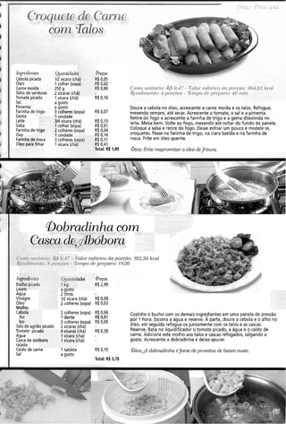 ~ l l ~ ~ d i ~ l l t e s Qrarztidade
Cebola picada IRxícara (ch
Óleo . 1 colher (sop
Carne moída 250 g
Talos de verduras 2 xicaras (chi
Tomate picado 1 xícara (chá)
Sal a gosto
Pimenta a gosto
Farinhade trigo 3 colheres (sopa)
Gema -
" unidade
Leite 4 xícara (chá)
Salsa colher (sopa)
Farinhade ti colheres (sopa)
011n I unidade
f; ~sca 3 colheres (SI
O tar 1 xícara (chá
pregos
:$0,05
:$0,02
:$ 0,80
H$ 0,lO
R$ 0,07
R$ 0,13
R$ 0,01
R$ 0,04
S$ 0,16
i$ O,I I
i$ 0,41
otal: R$ 1,89
lá) - F
ia) P
F
i) . . -
Doure a cebola no óleo, acrescente a carne moída e os talos. Refogue,
mexendo sempre, até secar. Acrescente o tomate, o sal e a pimenta.
Retire do fogo e acrescentea farinha de trigo e a gema dissolvida no
leite. Mexa bem. Volte ao fogo, mexendo até soltar do fundo da panela.
Coloque a salsa e retire do fogo. Deixe esfriar um pouco e modele os
croquetes. Passe na farinha de trigo, na clara batida e na farinha de
rosca. Frite em óleo quente.
.v
irinha de r(
leo para fri
!bica:Evite reapr-oveitar-o óleo dej-itur-a.
Oobradinha com
?cilorcn1rS1-icoda porcào: 192.30 kcnl
-v)zporlc p1.cy1nr.o: 11120
R.eg.os
i$ 2,99
a aosto
. .
ndes I
F
6
Bi
i+-.-
Agua
Vinãgre
Oleo
Molho:
CI
Talo ae agriao picado
Tomate pica
Agua
Casca de abC
ralada
Caldo de carne
Sal
2 iitros
IRxícara (chá) R$0,09
2.colheres (sopa) R$ 0,03
2 colheres (sopa) R$ 0,06
R$ 0,01
Cozinhe o bucho com os demais ingredientes em uma panela de pressão
1 dente
3 colheres (sopa) R$0,05
por 1 hora. Escorra a água e reserve.A parte, doure a cebola e o alho no
2 xícaras (chá) - óleo, em seguida refogue-os juntamente com os talos e as cascas.
4 xícaras (chá) R$ 0,39 Reserve. Bata no liquidificador o tomate picado, a água e o caldo de
1 xícara (chá) - carne. Adicione este molho aos talos e cascas refogados, salgando a
1 xícara (chá) - gosto. Acrescente a dobradinha e deixe apurar.
?bola
lho
leo, , .-
do
ibora
1 tablete R$ 0,15 !bica:& dobrculi~xlzaéfonte de pi.oteílza de baixo custo.
a gosto
Total: Rs3.78
 