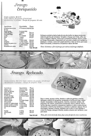 -Jlnr?g=o
En~l'qu.eciclo QMB.
. .
e-;8- ;->. .
... .
-
.. .
. . -
Ci~siO~iilitdr'io:R.S 07.3.. . .-&i$;.,<, ;;
.C  d .i,a. .
- '
F-ríoicn/ói.ic.odu pi1i'(:(:no:-274,.3:3kccil .-.
-* ,'.' -. *-
ões - Tei~lpode pi.epai-o:30 i~iiiz ,?:a
&h... --.,. .
-. , +. %
. . . <?2&
Qim~ticlades .Pregos -.~
2 112xícaras (chá) R$ 0,96
kgr~dieiztes
Proteínatextui
de soja
Ag'J
Calc
Peit
Lim,
A l h ~
Sal
Curry
Orégano
Margarina par,
Colorau
Mussarelaem cul
3 xícaras (chá) -
Itablete R$ 0,15
400 g R$ 1,56
112 unidade R$0,06
1 dente R$0,01
a gosto
1 colher (chá) R$0,25
1 colher (sopa) R$0,41
112 colher (sopa) R$0,04
1 colher (sopa) R$0,02
200 g R$0,92
Total: RS4.38
a morna
lo de galinl
o de frangc
30
7
ha
3 em iscas
Coloque a proteína texturizada de soja de molho na água morna com
caldo de galinha até amolecer. Tempere o frango com limão, alho, sal,
curry e orégano. Reserve.Assim que a proteína amolecer, escorra, junte
ao frango temperado e disponha-o em um pirex untado com margarina.
Salpique o colorau, cubra com papel alumínio e leve ao forno para assar.
Depois de assado, acrescente a mussarela e deixe derreter.
bos Bica: Substitua oJlé defi-ang.0por sobras dekango de@ado.
h~~rdiciltes Quanticlncles Preços
creme: Leite 2 xícaras (chá) R$ 0,36
Caldo de aalinha IR tablete R$0.08
Cebola rakda IR xícara (chá) R $0;05'
Margarina 1 colher (sopa) R$0,08
Farinhade trigo 2 colheres (sopa) R$0,04
Mussarelaralada '50 g R$0,44'
Farofa: Bacon 20 g R$0,13
Cebola picada IR colher (sopa) R$0,01
Alho picado 1 dente R$ 0,01
Ameixa em calda picada 4 unidades R$0,16
Abacaxi picado e cozido 1 xícara (chá) R$0,27
Farinhade mandioca 1 xícara (chá) R$0,45
Sal a gosto
~ra&o Iv2kg R$3,53
Alho picado 1 dente R$0,01.
Sal a gosto
Total: R%5,62
Para o creme, aqueça o leite, dissolva o caldo de galinha e reserve.
Refogue a cebola na margarina, acrescente a farinha de trigo e deixe
dourar. Acrescente o leite aquecido. Cozinhe, mexendo sempre, até
engrossar. Por último, acrescentea mussarela, mexa e reserve. Para a
farofa, derreta o toucinho, acrescentea cebola e o alho e deixe dourar.
Acrescente a farinha de mandioca, a ameixa e o abacaxi. Salgue. Para a
montagem, desosse o frango, tempere com o alho e o sal. Espalhe o
creme no frango, coloque a farofa, enrole e amarre com barbante. Leve
para assar.
Bica:qPo invés defarofa doce,faça umafarofa de ovos e azeitonas.
 