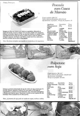 ! COl?? Ca.scu
I
r'L ,r / deManzão
/
- C'zisto zcnilffrio:&.Y 0.74
T nloi-cnlrj~.icodn por~tio:20(5,:35 kcal
l ~ ~ ~ ~ c l i ~ ) ~ ~ ~ l t o :4 l ~ o i - ~ f i ~ s- T ~ ) I / I oc l ~p1.~J13a1.0:111
Itigredier1te.s
Filéde pescada sem
espinhos
Limão
Sal
Tempere os filés com linldu r WI.Reserve na geladeira. Afervente as Casca de mamão
cascas de mamão, escorra e reserve. Em um pirex untado com margarina, Margarina para untar
coloque os tomates, depois os filés, a?cascas de mamão, e a cebola. Cubra em
com papel alumínio e leve ao forno. A parte, doure o alho no azeite e Cebola em rodelas
refogue a escarola. Verifique o sal. Retire o papel alumínio, cubra com a
Alho
Azeite
escarola, enfeite com os ovos e sirva quente. Escarola
1 unidade R$ 0,13
a gosto .. - ' -
4 xícaras (chá) -
112 colher (sopa) . R$ 0,04
2 unidades R$ 0,20
112 unidade R$0,05
1 colher (sopa) R$.0,02
3 colheres (sopa) R$ 0,11
IR maço R$ 0,25
1 unidade R$ 0,16
Total: R$2,97
Ovo cozido
I Oica:iBonfonte clefl~ifol-o,que awilia n~on~etcholisn~oclo o~ganismo.
e-.+&.- ,
+ + * < i ~ipeivrle&. .'- -9
com soja
CLIS~Oiíi?ild~.io:$$$ 0,37
T'nlor ccilór.ico cla porrão: 256.03 kcnl
&~~~dii)ir.ttto:4 por-coes.
55~~~,voclr p~.(~l)aro:30 i)iili
Ingredientes Qiantidndes Presos
ProteínaTexturizada 1 xícara (chá) R$ 0,39
de soja
Carne moída 200 g R$ 0,64
SalsaColoque a proteína texturizada de soja de molho em água morna por 15 sal
1 colher (sopa) R$ 0,01
a gosto
minutos. Escorra, esprema e reserve. Em uma tigela, junte todos os Alho 1 dente
ingredientes e a proteína de soja hidratada. Faça uma massa homogênea shoyo
R$0,01
1 colher (sobremesa) R$0,02
e divida-a em 8 partes iguais. Faça bolas e achate-ascom a palma da mão Orégano agosto
molhada. Frite os polpetones em óleo quente. Farinhade trigo 2 colheres(sopa) R$ 0,04
Ovo 1 unidade R$ 0,16
61e0 112 xícara (chá) R$0,21
@ica:gPpr'otelna de soja pode ser wada eni sopas, nioll~ose caldos. Total: R$ 1,47
 