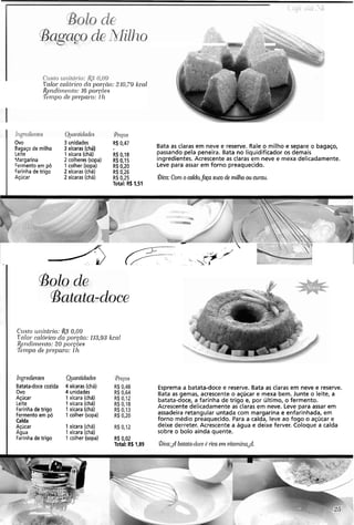 i7nlor caiói.ico d i p o ~ . ~ f i o :210.79 kcnl
Rei-icliriie~lto:16por-ço~s
5 m p o de 11i.~par.o:2 h
Ovo 3 unidades R$ 0,47
Bagaço de milho 3 xícaras (chá) Bata as claras em neve e reserve. Rale o milho e separe o bagaço,
Leite 1xícara (chá) R$ 0,18 passando pela peneira. Bata n o liquidificador os demais
largarina 2 colheres (sopa) R$0,15 ingredientes. Acrescente as claras em neve e mexa delicadamente.
"ermento em pó 1 colher (sopa) R$0,20 Leve para assar em forno preaquecido.
Farinha de trigo 2 xícaras (chá) R$ 0,26
Açúcar 2xícaras (chá) R$0,25 Dica:Coni o calclo,fqa alto de milho ou acr-au.
Total: Rb1,51
1 P"i- r ,*-,, J L
-1
'9- 1
C'cc.sto r~ilitbr-io:$5 0,09
rnlor cnlíl~.icodn poi.cfio: 113,93kcnl
l+el.idil17c.rito:20 pol-sõos
T'n~po de prepuro: 111
B~greclientes
Batata-docecozida
ovo
Açúcar
Leite
Farinhade trigo
Fermentoem pó
Calda
Açúcar
Agua
Farinha de trigo
Qiailtiddes
4 xícaras (chá)
4 unidades
1xícara (chá)
1 xícara (chá)
1 xícara (chá)
1 colher (sopa)
Esprema a batata-doce e reserve. Bata as claras em neve e reserve.
Bata as gemas, acrescente o açúcar e mexa bem. Junte o leite, a
batata-doce, a farinha de trigo e, por último, o fermento.
Acrescente delicadamente as claras em neve. Leve para assar em
assadeira retangular untada com margarina e enfarinhada, em
forno médio preaquecido. Para a calda, leve ao fogo o açúcar e
deixe derreter. Acrescente a água e deixe ferver. Coloque a calda
sobre o bolo ainda quente.
1xícara (chá)
1 xícara (chá)
1 colher (sopa) R$ 0,02
Total: R$1,89 0ica.:dbatata-doceI iica enz vitarnii~a$.
 
