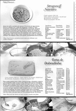 veixe de molho a proteína de soja por 30 minutos em água morna.
Escorra e refogue, em 1 colher de margarina, a cebola e o alho.
Acrescente o tomate batido no liquidificador e peneirado, deixando
cozinhar por 10 minutos. A parte, derreta o restante da margarina,
acrescente a farinha de trigo e deixe dourar. Aos poucos, acrescente o
leite morno, mexendo bem para não empelotar. Caso empelote, bata no
liquidificador, volte ao fogo e mexa. Acrescente esse molho ao refogado,
-rifique o sal, salpique a salsa e sirva quente, acompanhado de arroz branco.
Ingredientes'
Proteínatexturizada
de soja
Margarina
Cebola
Alho
Tomate para molho
-Farinhade trigo
Leite
Sal . .
. . .
Salsa picada
Ruanticlades @Q~O.S
2 xícaras (chá) R$ 0.77
2 colheres(sopa) R$0,15
1unidade R$ 0,12
2 dentes R$ 0,03
3 xícaras (chá) R$ 0,39
3 colheres (sopa) R$ 0,05
3 xícaras (chá) R$ 0,45
a gosto
1 colher (sobremesa) R$ 0,01
Total: R$ 1,97
:a: Experimerzte a
)lhovinagrete.
texturizada sem hidratar com
li Ingredientes Ruanticlacles abre~o
1
Massa: Fubá 1 IR xícara (chá) R$ 0,32
II Farinha de trigo 1 IRxícara (chá) R$ 0,20
I ' Fermento em pó 2 colheres(sopa) R$ 0,40
- --- e
/ Açúcar 3 colheres(sopa) R$0,06
Sal 1 1R colher (chá) R$0,01
Leite 1 1R xícara (chá) R$ 0,27
C~istozii?itár.io:&9 0,Sl - I?alo~-calór-icoda por-pio: 320,OO kcal ?v0 batido 2 unidades R$ 0,32
Rendinier~to:18 por-c6e.s - Teijzpo do prepai-o:211 Oleo V4 xícara (chá) R$ 0,10
Recheio: Bucho 2 kg R$ 5,98
Cenoura picadas a massa, peneirejunto o fubá, a farinha de trigo, o fermento, o açúcar e Batata picada
3 V4 xícaras (chá) R$ 0,33
11. Acrescente o leite, os ovos e o óleo. Misture bem até ficar homogênea. Alho picado
3 1/4 xícaras (chá) R$ 0,12
3 dentes
erve. Para o recheio, cozinhe o bucho em cubos até ficar macio. Cozinhe cebolapicada
R$ 0,04
1 V2 xícara (chá) R$ 0,13
enouras e as batatas. Frite O alho e a cebola, acrescenteO bucho, junte Tomate picado 5 xícaras (chá) R$ 0,59
o tomate, a cenoura e a batata cozidas. Acrescente a farinha dissolvida em oleo 1/4 xícara (chá) R$ 0,10
um pouco de água. Adicione o caldo, tempere com sal e molho de pimenta Farinhade trigo 1Rxícara (chá) R$ 0,07
e mexa até engrossar. Por último, coloque a salsa. Para a montagem, Caldo de galinha 1tablete R$ 0,15
coloque num refratário o bucho refogado. Cubra com a massa, espalhando Sal a gosto
com uma coll em forno preaquecido por 30 minutos. Molho de pimenta a gosto
Salsa 2 colheres(sopa) R$0,02
@ica:para 1 casa,cozinhe o bucho comfubá. Total: R$9,19
..
ran
O sa
Rev
as c
ier. Leve I
11n0dar c
,ara assar
:lzeirona
 