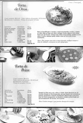 de Ovos
C:!.-to ~rrlitcírio:.&S0.4.5 - T'cr1,oi-cnldr-ice.cln por.çG.o:2
..?:V?~HCJIto: 4 poi.~Ócs- T P F I I ~ O .. (10. pi-epn~.~:45 inin
... , , .....
. . .- . . . . .
. .
. .
- . .
.,--~+~r~?cs
I :--
. . Qiai~tidu %esos
i - ~ osem semente : .3xícaras:(cha) . .R$ 0,29
V , I -- -,do pimentão, :'Ixícara (chá)
" ' -
-: ~ 1 ~ 3 . V2 xícara-(chá). - . .
-i u 2 azrião . 1Rxícara (chá) ':- - - -. -- - -
- - W xícara (chá) .. R$ 0,05
- - I-dente - . . , R$0,01...
d
- - : .I.colher (sopa) ' . R$ 0,02
a gosto
- -.-c 1R xíora (chá) :- '
-,-8unidade
.f.--?lado
$ 1,26
1colher (5. . $ 0,16
. ..
otal: R$ 1,79
I
....
)s, a cebol
- . i 1 .. A,.:.,
Bata no liquidificador o tomate, o miolo de pimentão, os talc
e o alho. Leve ao fogo com óleo e refogue. Junte a água e o >ai t. urine
ferver por 10 minutos. Coloque esse molho numa travessa, quebre os c
sobre o molho, salpique queijo ralado e leve ao forno até os ovos
cozinharem.
!bica: &o com re ovos com a casca trincada,verijque sempre a
data de validaRe e armazene-os sob i-epigeração.
.. .
Torta ue
1colher (s
I
I
I
I
. ~
C~isto. Z < I ~ ~ ~ ~ I . I O :YCYU,53 2..,. Q yJ;;-e -I"nlor.crrlói-icoda porcYio: 261,93 kcnl. - . . = ..
&l?dii~wr~/.o:8 poryfi~s- . . . : . . -,- ,h . , . .
G,i~~pSdc.prepai.~:50,.rlzit1 ' . ,
.. . . .. .. . .
. .
. .
. . . .. . . . . . .. .
l i _, -. . ..
i .: . Qiantidaaes . .
480 g5 I?merluza R$ 3,02
. - a gosto --
~em~ireos.filé;com o sal, o alhoe o limão. Deixe descansar por 20
- 2 . ' 3 dentes R$ 0,04 minutos. Amasse os filés temperados, até'que fiquem tom consistência
-;3 grande r-. 1unidade R$ 0,13 pastosa. Acrescente os demais ingredientes. Misture bem e leve para
-rn - . - ' - 2 unidades R$ 0,32 assar em'fornopreaquecido, em assadeira untada e .enfarinhada,po
XJ . ' IR xícara (chá) R$ 0,?1 aproximadamente 30 minutos. Sirva quente.
.. .
-'?%ade trigo ' , : -1IR xícara (chá) R$ 0,20
_rj2 . .. 2 colheres (sopa) R$ 0,02 &a: Contém ômega 3,.que'previnedoenças do coração.
1 1, =:~inta em pó ~. . . opa) - R$ 0,20.. .. .
Total: R$4,13
. ..
 
