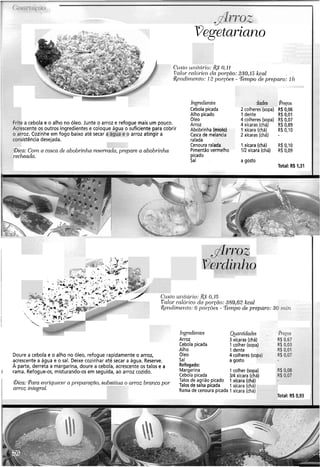 vegetar-iano
Czrslo ui?itario:&S 0,11
"alar.~ciloricoC/C{ porp=io:2;30,13kca1
qo~iclirnc'nto:12 11or~ó~s- T e r n l ~cle preparo: 117
Ingredientes @retos
Cebola picada 2colheres (sopa) R$0,06
Alho picado 1 dente R$0,01
Oleo 4colheres (sopa) R$ 0,07
? a cebola e o alho no óleo. Junte o arroz e refogue mais um pouco. Arroz 4xícaras (chá) R$ 0,89
?scenteos outros ingredientes e coloque áaua o Suficiente para cobrir Abobrinha (miolo) 1 xícara (chá) R$ 0,10
roz. Cozinhe em fogo baixo até secar ; ) arroz atingir a Casca de melancia 2 xícaras (chá) -
sistência desejada. ralada
Cenoura ralada 1 xícara (chá) R$ 0,10
Dica: Corn a casca de abobrinlza re.s~rvciaa,prepare a abobrinha Pimentãovermelho 112xícara (chá) R$ 0,09
I-echeadci. picado
Sal agosto
Total: R4 1,31
Li-
. . <,:_.
. I, ""--
. -. q.---
L *%?!!!y?r* < 7
--+>
:r +. ,,.',
.u +,;ir. .'
I - . -.sar
, ' :"*',t,*'J L i , ( :% ,v.Q
, ,.a&'--'-i,, ,< +,b9--*$7d*+--P., .* *v*- *,fi .?, .
y: -.!>-1 Custo uizilar-io:&$0,1.5
- & t i y 17cdlor.ca1ór.ic.o cla poryao: 389,62 kcal
,
Rendimor~to:6' poi.còos - G m p o de preparo: 30 nzin
iI
h~grecli~ntes Qunntidades 4-eg0.s
Arroz 3xícaras (chá) R$ 0.67
Cebola picada 1 colher (sopa) R$ 0,03
Alho 1 dente R$ 0,01
Doure a cebola e o alho no óleo, refogue rapidamente o arroz, Oleo 4 colheres (sopa) R$ 0,07
acrescente a água e o sal. Deixe cozinhar até secar a água. Reserve. Sal a gosto
A parte, derreta a margarina, doure a cebola, acrescenteos talos e a
,Í rama. Refogue-os, misturando-os em seguida, ao arroz cozido. Margarina 1 colher (sopa) R$ 0,08
Cebola picada 314xícara (chá) R$ 0,07
Talos de agrião picado 1 xícara (chá)Qica: Para enriq~iecei-a pr-epamccio,sub.s,siitriao un-ozbranco por desalsa picada xícara
arroz integral. Rama de cenoura picada 1 xícara (chá)
Total: R$ O,
 