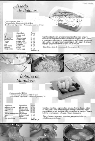 . .
. -..A. .. . . . .. . . . .. -
. ..... .;
$.;V+!,, 8 :.. , * . , .:..,,.
. . . . . .. T
f .:... . . ' , '. . . .
.... . . . . - 1. - :, ..: :.. , .
. . . . . "-;,. .' :
....................... ,.--. ,' ' ,, -;.. '3
C~istozi11itcír.io::&5' 0,33 . . . . .-...:.. . .- ...v.... r ..;, . -,?,,..r. . . . . .. . . .. , - ., . . . . . . . . .rolo/.ccrlól.ico do pol-ytio:220,83 kca1 ? S .
 ..":i-2-,.- Y:*..G;.-g., C : ,
Rcl~dir?lc.nto:4 por-~6es- Tenípo cle prc.lia~.o:30 min .. :...2y.+:. ++--2.' ' .
*-..
Pregos
R$0,16
R$ 0,04
R$ 0,03
R$ 0,39
R$ 0,08
R$ 0,47
R$ 0,01
I11g
Bat
Sal
Ma,y a i d i i a
Cebola picada
Tomate
Azeite
ovo
Salsa picada
Orégano
Queijoralado
rrrdientes
ata
Q~antidnc1e.s
4 xícaras (chá)
a gosto
IR colher (sopa)
1 colher (sopa)
4 xícaras (chá)
2 colheres (sopa)
3 unidades
1 colher (sopa)
a gosto
1 colher (sopa)
Cozinhe as batatas com sal e esprema como se fosse fazer um purê.
Coloque num recipiente refratário untado com margarina. Frite a cebol-
e o tomate no azeite. Bata os ovos e acrescente ao refogado, juntamen
com a salsa e o orégano. Espalhe esse refogado sobre o purê de batata!
Salpique queijo ralado e leve ao forno por 20 minutos.
!bica: Ovo 6fonte de L
R$ 0,16
Total: R$ 1,33
Cristo r~.tiitúr.io: 0,22
IQlol-calór-ico da poi-cc?o: 255,60 kcal
@~iidi~~zerzto:6 por-~ões- Tei?ipo de preparo: 111..
hlp~diei7tcs Quanhdades
Mandiocapicada 8 xícaras (chá)
Cebola picada V2 xícara (chá)
Ole 2 colheres(sopa)
Alh 2 dentes
Tali o picados 1xícara (chá)
Sal! 3 colheres (sopa)
Cal i gosto
!o para fritl I xícara (chá)
Cozinhe a mandioca e esprema. Sove a massa. Reserve. Doure a cebola
no óleo, junte o alho, os talos de agrião e refogue. Desligue o fogo e
misture a salsa picada. Verifique o sal. Com a massa de mandioca, faca I
bolinhos e recheie com o refogado. Frite em óleo quente.
!O.
I0
3s de agriã
ja R$ 0,03
R$ 0,41.
Total: Rb1.34
&a: Convem conservar a mandioca por apenas 2 dias
geladeira, quandofi-esca.
c
ura
 