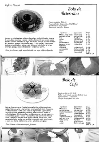 Bolo de
aeterraba
C~is1.0~fnitdrio:&S 0,13
Culol.calórico da porgao: 226,12 kccil
,Rerzdirl?erzto:20 po7-gões
Tel~zpode pt.epcii-o: 50 117iii
I~zgrecliei~tes Qfaiztidndes
Massa: Laranja (suco) 1 xicara (chá)
Beterraba ~icada 4 xícaras (chá)
Junte o suco de laranja e as beterrabas e bata no liquidificador. Reserve. Ovo 3 unidades
A parte, bata as gemas, o açúcar e o óleo. Acrescente aos poucos o suco Açúcar 2 xícaras (chá)
batido. Adicione a farinha de trigo. Por Último, coloque as claras em neve
:::ihade trigo
Y4 xícara (chá)
e o fermento. Asse em forno médio. Para a calda, derreta a margarina, 3 xícaras (chá)
Fermento em pó 1 colher (chá)
junte o achocolatado, o açúcar e, por último, o leite. Deixeferver até Cobertura:
encorpar. Coloque a cobertura sobre o bolo ainda quente. Margarina 1 colher (sopa)
Achocolatado 3 colheres (sopa)
@ica:gPcoberh~r-apode ser-substituída por uma calda de laranja Açúcar 3 colheres(sopa)
Leite 1 xícara (chá)
Pregos
R$ 0,17
R$0,39
R$ 0.47
R$ 0,08
R$ 0.25
R$ 0,06
R$ 0,18
Total: RS2.54
Café
C~isto~initílrio: 0.16
Valor calól-icoda pol-pio: 345,52 kcal
Rorzdir?.iento:12 por-~6c.s
T ~ i ~ l p ocle pi-varo: 40 717ir7
Bata as claras e reserve. Peneirejuntos a farinha, o bicarbonato e o
açúcar. Reserve. Junte a margarina e as gemas e bata bem. Acrescente
o achocolatado e o café. Junte todos os ingredientes e, por último,
as claras em neve. Mexa delicadamente. Asse em fôrma untada e
enfarinhada por 30 minutos. Para a calda, esprema a laranja e peneire.
Acrescente a água e o açúcar e leve ao fogo até que levante fervura.
Corte a massa do bolo em fatias grossas. Monte, em um pirex, uma
camada de fatias. Molhe com a calda. Em seguida, mais uma camada,
e assim por diante, até terminar. Leve a geladeira para gelar.
&a: 5-oqueo bicarbonato pelofei-inento.
l~tgreclientes
Massa: Ovo
Farinha de trigo
Bicarbonatode sódio
Açúcar
Margarina
Achocolatado em pó
Café bem forte
Calda: Laranja
Agua
Açúcar
Qua~~tidaúes
2 unidades
2 xícaras (chá)
1 colher (chá)
1 Y4 xícara (chá)
1 xícara (chá)
1R xícara (chá)
1 W xicara (chá)
1 unidade
W xícara (chá)
2 colheres (sopa)
Pregos
R$0132
R$ 0,39
R$0,09
R$ 0,22
R$ 0,52
R$ 0,25
R$ 0,06
R$ 0,08
R$0,03
Total: R$ 1,96
 