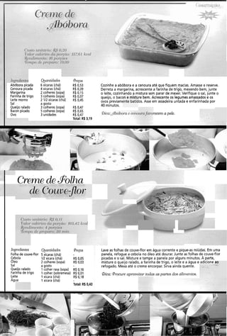 Qp~~.ticldes
6 xícaras (chá)
4 xícaras (chá)
2 colheres (sopa)
3 colheres (sopa)
2 112 xícaras (chá)
a gosto
3 colheres (sopa)
5 colheres (sopa)
3 unidades
@.esos
R$ 0,53
R$ 0,39
R$ 0,15
R$ 0,07
R$ 0,45
R$ 0,47
R$ 0,65
R$ 0,47
Total: R$ 3,19
Cozinhe a abóbora e a cenoura até que fiquem macias. Amasse e reserve.
Derreta a margarina, acrescente a farinha de trigo, mexendo bem, junte
o leite, cozinhando a mistura sem parar de mexer. Verifique o sal, junte o
queijo, o bacc re bem. Acrescente os legumes amassados e os
ovos previamt 10s. Asse em assadeira untada e enfarinhada por
40 minutos.
~bóborapicada
Cenoura picada
Margarina
Farinhade trigo
Leite morno
Sal
Queijoralado
. Bacon picado
ovo
)n e mistu
?ntebatid
fecenz a pele.
I Cremedesolha
1i1gredieiites Qrml tidndes Preps
Folha de couve-flor 5 xícaras (chá)
Cebola IR xícara (chá) R$ 0,05
Oleo 2 colheres (sopa) R$ 0,03
Sal a gosto
Queijoralado 1colher rasa (sopa) R$ 0,16
Farinha de trigo 1 colher (sobremesa) R$0,01
Leit- 1xícara (chá) R$ 0,18
Agi 1 xícara (chá)
Total: RS0,43
Lave as folhas de couve-flor em água corrente e pique-as miúdas. Em uma
panela, refogue a cebola no óleo até dourar. Junte as folhas de couve-flor
picadase o sal. Misture e tampe a panela por alguns minutos. A parte,
misture o queijo ralado, a farinha de trigo, o leite e a água e adicione
refogado. Mexa até o creme encorpar. Sirva ainda quente.
&a: @I-ocureaproveitar todas as partes dos d!i171e11tos.
 