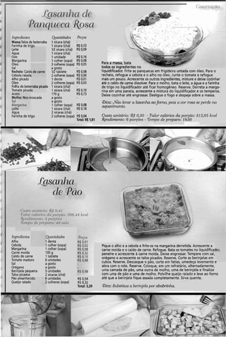 . . -
Para a massa, bata
todos os inciredientes no
11-.cdiei~tcs
Massa:Talos de beterraba
Farinha de trinn
keite
Agua
ovo
Margarina
Oleo
Sal
Recheio: Caldc
Cebola raladí
Alho picado
Oleo
Folha de bete a
Tomate picad
Acén
Molk noscada
Qtnntidudcs Pi.cos
1 xícara (chá) - -
1 xícara (chá) R$0,13
M xícara (chá) R$0,09
1 xícara (chá) -
1 unidade R$0,16
1 colher (sopa) R$0,08
3 colheres (sopa) R$0,05
a gosto
V2 tablete R$0,08
2 colheres (sopa) R$0,06
1 dente R$0,01
2 colheres (sopa) R$0,03
1 xícara (chá) -
1 xícara (chá) R$0,10
170 g R$0,73
a gosto
Para a massa, bata
todos os inciredientes no
liquidificadÕr. Frite as panquecasem frigideira untada com óleo. Para o
recheio, refogue a cebola e o alho no óleo. Junte o tomate e refogue
mais um pouco. Acrescente os outros ingredientes, misture e deixe cozinhar
até o caldo de carne dissolver. Para o molho, bata o leite, a água e a farinha
de trigo no liquidificador até ficar homogêneo. Reserve. Derreta a marga-
rina em uma panela, acrescente a mistura do liquidificador e os temperos.
Deixe cozinhar até engrossar. Desligue o fogo e despeje sobre a massa.
rraba picad
O
Leite
a gosto &a: d ã o levar a lasar~l~aaoforno, pois a cor-r-osa se per-de no
1 colher (sopa) R$0,08
1 xícara (chá) R$0.18
aquecimento.
Água 2 xícaras (chá) -
I Farinhade trigo 2 colheres (sopa) R$0,04 Czcsto unirtirio: $<'3 0,30 - Paiol- culórico clu poi-cüo: 312,65 kcctl
Total: R$1,81 Rertdirneizto:6 porcões - 'Tórnpode pr-eparo: 11130
I
11lpccii~i~tes
Alho
Cebola
Margarina
Carne moída
Caldo de carne
Tomate maduro
Sal
Orégano
Berinjela pequena
Talos picados
Pão amanhec"
Queijoralado
Qim~tiiclndes
I dente
I colher (sopa)
1 colher (sopa)
100 g
Itablete
6 unidades
a gosto
a gosto
5 unidades
2 xícaras (chá)
iunidades
? colheres (sopa)
Pique o alho e a cebola e frite-os na margarina derretida. Acrescente a
carne moída e o caldo de carne. Refogue. Bata os tomates no liquidificac
peneire e acrescente a carne moída. Deixe engrossar. Tempere com sal,
orégano e acrescente os talos picados. Reserve. Corte as berinjelas em
cubos. Reserve. Descasque o pão, corte em fatias, umedeça levemente e
abra com o rolo. Reserve. Coloque, em um refratário, alternadamente,
uma camada de pão, uma outra de molho, uma de berinjela e finalize
com uma de pão e uma de molho. Polvilhe queijo ralado e leve ao forno
até que a berinjela fique assada completamente. Sirva quente.R$ 0,54
R$ 0,32
Total: 3,29
. . .
Bica:Stibstitua a beriizjeln por abobrinlza.
 