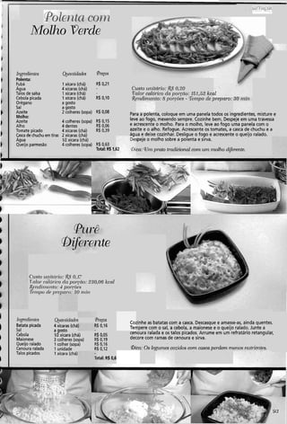 Molho Verde
It~g~ediei~tes Qmntidndes
Polenta:
Fubá 1xícara (chá)
Agua 4 xícaras (chá)
Talos de salsa 1xícara (chá)
Cebola picada 1 xícara (chá)
Orégano a gosto
Sal a gosto
Azeite 2 colheres (sopa)
Molho:
Azeite 4 colheres (sopa)
Alho 4 dentes
Tomate picado 4 xícaras (chá)
Casca de chuchuemtiras 2 xícaras (chá)
Agua IR xícara (chá)
Queijoparmesão 4 colheres (sopa)
greços
R$ 0.21
R$ 0,10
R$0,08
R$ 0,15
R$0,06
R$ 0,39
R$ 0,63
Total: R$ 1,t
C ~ ~ s t o~41~itdi-io:R$ 0,20
T7aloi' calórico da por-gcio: 151,52 kcc
R~i1din1elzto:8 porrõe.~- Ieinpo de preparo: vu 1)zziz
Para a-poienta, coloque em uma panela todos os ingreaientes, misture e
leve ao fogo, mexendo sempre. Cozinhe bem. Despejeem uma travessa
e acrescente o molho. Para o molho, leve ao fogo uma panela com o
azeite e o alho. Refogue. Acrescente os tomates, a casca de chuchu e a
áqua e deixe cozinhar. Desligue o fogo e acrescente o queijo ralado.
speje o molho sobre a polenta e sirva.
ca:Wm prato tradicional com2 u m l??o~lzodgerente.
zte
C~isto~ ~ ~ i t d l - i o :R<j0.17
T-olor.calór-icocla po~yào:2:30,06 kcal
I(ci1di111~11to:4 por-~.Ò~'s
Tir~tpodc.pi-euaro: 30 ntirl
I
1
1
I
bigredi~i~trs Ojmi~tidode~ 'retos
$ 0,16
Cozinhe as batatas com a casca. Descasque e amasse-as, ainda quentes.
Batata picada 4 xícaras (chá
Sai Tempere com o sal, a cebola, a maionese e o queijo ralado. Junte a
a gosto
Cebola 1R xícara (chá) R$ 0,05 cenoura ralada e os talos picados. Arrume em um refratário retangular,
Maionese 3 colheres (sopa) R$ 0,19 decore com ramas de cenoura e sirva.
Queijo ralado 1 colher (sopa) R$ 0,16
Cenoura ralada 1 unidade R$ 0,12 !bica:Os lepimes cozidos com casca perdem menos nufiie~ztes.
Talos picados 1 xícara (chá)
)tal: R$ 0.6
 