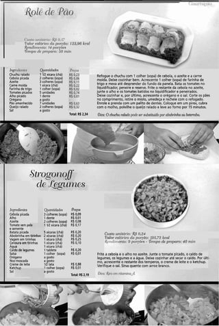 I
Vnlol-calor-ic« d<ipoilc7«: 123,96 kcnl
&t?clir~-r~~ilo:I-! poi-coes
Tcrupo c l ~j11-epal-o:50 17~il1
Ing
Chu~iiuiaiauu
Cebola picada
Azeite
Carne moída
Farinhade trigo
Tomates picados
Alho picado
Orégano
Pão amanhecido
Queijoralado
Sal
Q_uantidades
1 V2 xícara (chá)
2 colheres (sopa)
3 colheres (sopa)
1xícara (chá)
1 colher (sopa)
5 unidades
1 dente
a gosto
7 unidades
2 colheres (sopa)
a gosto
Refogue o chuchu com 1 colher (sopa) de cebola, o azeite e a carne
moída. Deixe cozinhar bem. Acrescente 1 colher (sopa) de farinha de
trigo e mexa até desprender do fundo da panela. Bata os tomates no
liquidificador, peneire e reserve. Frite o restante da cebola no azeite,
junte o alho e os tomates batidos no liquidificador e peneirados.
Deixe cozinhar e, por último, acrescente o orégano e o sal. Corte os pães
no comprimento, retire o miolo, umedeça e recheie com o refogado.
Enrole e prenda com um palito de dentes. Coloque em um pirex, cubra
com o molho, polvilhe o queijo ralado e leve ao forno por 15 minutos.
Total: R$2,34 @ia:O htichn raladopode ser n~bstituídopor abobrinha ou beterraba.
Ii~g~eclientes
Cebola picada
Alho
Azeite
Tomate sem pe
esemente
Batata picada
Abobrinha em .....
Vagem em tirinhas
Cen rinhas
A ~ L
Calc nes
Salsa
Orégano
Noz-moscada
Creme de leite
Ketrhnnn
Sal
Qim~tiCktd~s
3 colheres (sopa)
1dente
2 colheres (sopa)
I IR xícara (chá)
Preços
R$ 0,09
R$ 0,01
R$ 0,08
R$ 0,17
R$ 0,20
R$ 0,20
R$ 0,25
R$ 0,10
R$ 0,20
R$ 0,01
R$ 0,88
R$ 0,01
Total: R$2,19
5 xícaras (chá)
2 xícaras (chá)
1xícara (chá)
1xícara (chá)
1 xícara (chá)
1tablete
1colher (sopa)
a gosto
a gosto
IR lata
1 colher (sopa)
3 gosto
I
tirinhas i
Citsto ~initílr-io:&S 0.24
Vnloi-cnlói-ico cln por.yão: 135.72 kçnl
mto: 9 ~ ~ ~ - y f i ( ~ s -T~ijlpode pi'epa1-o:40 nliiioura em til
ia
io de legur
Frite a ce~oiae o alho no azeite. Junte o tomate picado, o caldo de
legumes, os legumes e a água. Deixe cozinhar até secar o caldo. Por últi
mo, acrescenteo restante dos temperos, o creme de leite e o ketchup.
Verifique o sal. Sirva quente com arroz branco.
 