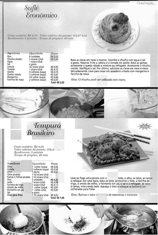 A. ,~eorerites
ovo
Chuchu picado
,mlztlcladQ.s
4 unidades
3 xícaras (chá)
1 xícara (chá)
a gosto
V2 xícara (chá)
1 xícara (chá)
4 colheres (sopa)
3 colheres (sopa)
IR colher (sopa)
2 colheres (sopa)
Bata as claras em neve e reserve. Cozinhe o chuchu com água e sal
a gosto. Reserve. Frite a cebola e o tomate no azeite. Bata as gemas,
acrescente o queijo ralado e misture ao refogado. Acrescente o chuchu
cozido. Verifique o sal. Por último, adicione as claras em neve e mexa
delicadamente. Leve para assar em assadeira untada com margarina e
farinha de rosca.
Água .
Sal
Cebola
Tomate
Azeite
Queijoralado
Margarina
Farinha de rosca
R$ 0,05 .
R$ 0,15
R$ 0,15
R$0,47
R$0,04
R$ 0,07
Total: Rb2.02
Bica: O chuchupode ;adocorn cascaser ~itiliz
C.
L-
Crtsto ~rnitdrio:&$U,%
?-olor.calói-ico (Ia poI-~no:.256,-1i_ -..
Rer?dir)ic.rlto:5poi.cO~s
TP~II/IOd~ pi-epuro: 40 i)tir?
h12 Qlaiitidades !Preros
Óle 1 colher (sopa) R$0,02
Cet 2 colheres (sopa) R$ 0,06
Alhu 1 dente R$ O,^^
Talos picados 1 V;! xícara (chá) -
Ramas efolhas picadas 1 IR xícara (chá) -
R$ O,
Leve ao fogo uma panela com o )bola, o alho, os talos, as ram
Ovo 2 unidades
Leite 1 xícara (chá) R$ O, ,, e refogue. Em uma tijela, bata os ovos, acrescente o leite, a farinha de
Farinhade tri! 1 xícara (chá) R$ 0,13 trigo, o amido de milho, o fermento em p o de talo:
Amido de mil1 1 colher (sopa) R$ 0,07 e ramas, misturando bem. Aqueça o óleo t
Fermento em 1 colher (chá) R$0,05 colheradas para fritar.
SaI a oozto
Ole I (chá) R$0,62 Bica: Ranaas e talos : s de vitanzinas e n~inerais.
Total: Rb 1,45
! I krnl
óleo, a ce
ó, o sal e
? coloque
o refogad
os bolinh
o para friti :tiofonte.!
 