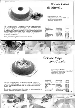 Bolo de Casca I
deilfializão
Custo rirlit&r.io:fiS 0,09
Valoi-calórico da por-çíio: 16'8,Ib' kcal
$~rzdir)~ento:20 por.6e.r.
,Teinpo de pi.epnr-o: I Ir10
Lave o mamão, descasque e utilize 3 xícaras de casca para fazer o bolo.
Leve as cascas ao fogo em uma panela com a água. Deixe ferver; depois
de frio, bata no liquidificador. Reserve. Bata as claras em neve e reserve,
na geladeira. Bata as gemas com o açúcar e junte aos poucos a farinha de
trigo, intercalando com o mamão batido. Acrescente as claras em neve e,
por último, o fermento. Despejeem fôrma untada. Leve para assar em
forno médio preaquecido.
Dica:&s cascas dasfi~itassão ricas em nutrientes.
Ing-r'edientes
Casca de mamão
Agua
Ovo
Açúcar
Farinhade trigo
Fermento em pó
Margarina
Quaiztidades Preps
3xícaras (chá)
2xícaras (chá)
5 unidades R$ 0,79
2 xícaras (chá) R$ 0,25
3 xícaras (chá) R$ 0,39
1 colher (sopa) R$ 0,20
1colher (sopa) R$ 0,08
Total: R$ 1,70
..2.. , .'i. . C  ,
.,-iv . , .
.
- h<  i..
./+ L-..-..-+i
g _... I
i,"
i, .* : . > . - -
@o10deMaçã
com Canela
Custo unitár-io: 0,09
%lar calór-icocla poqão: 142,40 kcal
!&endir)~eizto:20 por-gões
Te~izpode pi-epar-o:112
h?gi.edientes
Farinha de trigo
Bata todos os ingredientes no liquidificador, colocando primeiro os peneirada
ingredientes líquidos. Despeje em assadeira untada e enfarinhada e leve Maçã d casca picada
ao forno médio preaquecido para assar até que, ao espetar um palito, Oleo
este saia seco. Açúcar
ovo
@ica:& nzaçü é rica em peclina,jbra solúvel em água que arlxilia 71.0 Fermento em pó
contr.ole dos níveis de colester-o1no sangue. Canela em pó
Qianíidades @.ecos
2 xícaras (chá) R$ 0,22
3 unidades R$0,39
IR xícara (chá) R$ 0,21
2 xícaras (chá) R$ 0,19
3 unidades R$ 0,47
1colher (sobremesa) R$ 0,10
V2 colher (sopa) R$ 0,28
Total: Rb1,86
r---=-'i-
 