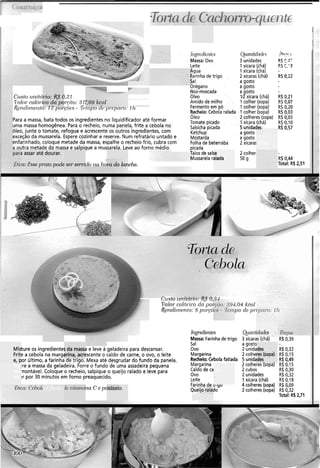rio: fiS L
;(:o cla pc" '%
' 7 0 7 ~ ~ 7de  ~ ~ 7 7 0 7 7 ' 0 ~ ~ l ~ 7
Ii~,vl.cdi~i~tcs Qrtnritidfirkc =+H-
Massa: Ovo 3 unidades RS ? :-
r/ Leite 1 xícara (chá) R5 C,'?
igua 1 xícara (chá) -
arinha de trigo 2xícaras (chá) RS 0,22
al a gosto
drégano a gostoP
- Noz-moscada a gosto
C'ztsto ~(rzitcí ),21 Oleo 1R xícara (chá) RS 0,26
Vnlol-c.crlB1-1 ~i'cfio:.31: Amido de milho 1colher (sopa) R$0,07
~~i?dri~?eilio:I L pol-~õcs- fililpo cre p/.epnl-o: 111 Fermento em pó 1colher (sopa) RS 0,20
Recheio:Cebola ralada 1colher (sopa) R$ 0,03
Para a massa, bata todos os ingredientes no liquidificador até formar
Oleo 2 colheres (sopa) R$ 0,03
Tomate picado 1xícara (chá) R$ 0,10
uma massa homogênea. Para o recheio, numa panela, frite a cebola no Salsicha picada 5 unidades
óleo, junte o tomate, refogue e acrescente os outros ingredientes, com
R$ 0,57
Ketchup a gosto
exceção da mussarela. Espere cozinhar e reserve. Num refratário untado e Mostarda a gosto
enfarinhado, coloque metade da massa, espalhe o recheio frio, cubra com Folha de beterraba 2 xícaras
a outra metade da massa e salpique a mussarela. Leve ao forno médio picada
i assar até dourar. Talos de salsa 2 colher
Mussarela ralada 50 g R6 0,44
a: &se ]ircitopode ser seivido nu 170 lhe. Total: RS 2,5f
Torta de
Czísto z~ilitá~.io:!&0," '
Valor.calÓ~.rcoda por 1.04 kcul
&eiirlir)?etzlo:8 p o 1 ~ 6 po de p/-, I7
Misture os ingredientes da massa e leve a geladeira para descansar.
Frite a cebola na margarina, acrescente o caldo de carne, o ovo, o leite
e, por último, a farinha de trigo. Mexa até desgrudar do fundo da panela.
ire a massa da geladeira. Forre o fundo de uma assadeira pequena
montável. Coloque o recheio, salpique o queijo ralado e leve para
ir por 30 minutos em forno preaquecido.
:a:Cebok de aitn.~.n&nC e potássio.
Ingredientes Q~icii7tidcide.s 9r.s
assa:Farinha de trigo
Sal
Ovo
Margarina
Recheio: Cebola fatiada
Margarina
Caldo de ca
ovo
Leite
Farinha de i i iyu
Queijoralado
3xícaras (chá) R$ 0,39
a gosto
2 unidades R$0,32
2colheres (sopa) R$ 0,15
5 unidades R$0,49
2 colheres (sopa) R$ 0,15
2 cubos R$ 0,30
2 unidades R$ 0,32
1xícara (chá). R$ 0,18
4 colheres (sopa) R$ 0,09
2 colheres (sopa) R$ 0,32
Total: RS 2,71
 