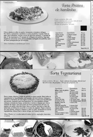 Frite a cebola e o alho no azeite. Acrescente o tomate-e refogue.
Por último, acrescente a sardinha e a salsa picadinha. A parte, fatie os
pães. Num refratário, monte a torta da seguinte maneira: Ia camada dl
pão, 2" de maionese e a 3" camada do refogado de sardinha. Siga essa
sequencia colocando como última camada o refogado de sardinha. Leve
ao forno preaquecido por 20 minutos.
Gim:S~ibstitiian snrdirzlza por atum.
1qwdie1?t~s
:ebola picada
41ho picado
Azeite
Tomate picado
Sardinha
Salsa
Pão amanhecido
Maionese
Sal
Qtrn11ridadc.s Prrps
2 colheres (sopa) RS 0,06
1 dente RS 0,01
1 colher (sopa) RS 0,04
2 xícaras (chá) RS 0,29
2 latas R$ 1,08
1 colher (sobremesa) R$O,OI
5 unidades RS 0,45
3 colheres (sopa) RS 0,19
a gosto
Total: RS 2,13
- - -lta Vegetariana
CL~.S.IOLLII[~(II.IO:,l<Y U,11 - L % ~ ~ o ~ - c ~ I O I - [ C Odaporçno: 183.34 kcal
Rendil~~erito:16 po~-?oe.s- Telnpo de pr-epar-o:l h
h~g~edierltes Qtantidades P r ~ p s
Massa:Caldo de galinha 1 tablete . R$0,15
Agua quente 1/4 xícara (chá) -
Oleo Y4 xícara (chá) R$ 0,31
Para a massa, dissolva o caldo de galinha na água quente. Bata todos os
ingredientes no liquidificador. com exceção dos dois últimos. Coloque a
farinha e o fermento em uma tigela e acrescente a misturado liquidificador
aos poucos, mexendo para homogeneizar. Em uma assadeira untada,
coloque a metade da massa, acrescente o recheio e despeje por cima o
restante da massa. Leve para assar em forno preaquecido até que, ao
espetar um palito, este saia limpo. Para o recheio, lave bem a casca de
beterraba, as folhas de couve-flor e os talos de vegetais. Pique e reserve.
Em uma panela, refogue a cebola e o alho no óleo. Acrescente os outros
ingredientes, misture bem e deixe refogar até ficarem macios.
&a: Podem ser waclos talos de salsa,
e outros.
, espinafi-e,beterraba
. .
Ovo 2 unidades R$0,32
Leite IR xícara (chá) R$ 0,09
Agua fria 1 xícara (chá)
Farinhade trigo 2 1R xícaras (chá) R$ 0,33
Fermento em pó 1 V2 colheres (sopa) R$ 0,30
Recheio:Casca de 1xícara (chá)
beterraba
Folha de couve-flor 2 xícaras (chá) -
Talos de vegetaispicados 1xícara (chá)
Cebola ralada IR xícara (chá) R$0,05
Alho amassado 1 dente R$0,01
Oleo 2 colheres (sopa) R$0,03
Cenoura ralada d casca 1 xícara (chá) R$ 0,lO
Tomate picado 1xícara (chá) R$ 0,10
Total: RS1,78
 