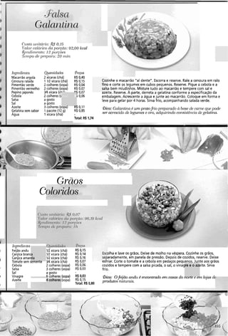 Ccc.sto cir~itCí~.io:@ 0,15
I'alor.c.nlõr.ico da p01-gn0:03,00 kcal
K~l~diniolzto:I 2 pol-cões
T ~ J J , , ~ ode 1x-~pc11-o:20 ~rii~i
higredielites
Macarrão argola
Cenoura ralada
Pimentão verde
Pimentão vermelho
Pepinojaponês
Cebola
Salsa
Sal
Azeite
Gelatina sem sabor
Agua
Qiar~lidad~s
2 xícaras (chá)
1 IR xícara (chá)
2 colheres (sopa)
2 colheres (sopa)
Y4 xícara (cF
2 colheres (s
a gosto
a gosto
3 colheres (sopa)
1 pacote (12 g)
1 xícara (chá)
Pretos
R$0,40
R$ 0,15
R$0,04
R$0,07
"$ 0,07
b 0,06
K$ 0,11
R$0,85
Total: R$1,74
C02
finc
sals
inhe o macarrão "a1 dente". Escorra e reserve. Rale a cenoura em ralo
) e corte os legumes em cubos pequenos. Reserve. Pique a cebola e a
a bem miudinhos. Misture tudo ao macarrão e tempere com sal e
d~eite.Reserve. A parte, derreta a gelatina conforme a especificação da
embalagem. Acrescente a água e junte ao macarrão. Coloque em forma e
leve para gelar por 4 horas. Sirva frio, acompanhando salada verde.
101 n.
opa) R!
aica: Galantinn é um pratofreioprepar-adoi( base de c.al.ne q~lepo&
ser acrescido de leawnies e ovo, adquirindo cor~si.s.t&ticiade gelatina
Grãos
C
I hwedierites
:a
ela
A -
1
I
I
I
I
ire e o azt
C
Feijão andu Gxícara (chá) R$ 0,15
Canjica branc IR xícara (chá) R$0,14 >lha e lave os grãos. Deixe de molho na véspera. Cozinhe os grãos,
Canjica amar1 1R xícara (chá) R$ 0,16 aradamente, em panela de pressão. Depois de cozidos, reserve. Deixe
Tomate sem serrienre Y4 xícara (chá) R$0,07 ~,~iiar.Corte o tomate e a cebola em pedaços pequenos. Junte aos grãos
Cebola 2 colheres (sopa) R$0,06 cozidos e tempere com a salsa picada, o sal, o vinag ~ite.Sirva
Salsa 3 colheres (sopa) R$0,03 frio.
Sal a gosto
Vinagre 6 colheres (sopa) R$0,03 Bica: Ofeijclo aizdzi é e~zconiradoem casas c10 nor-tee enz lojas dc
Az-"- (sopa) R$ 0,15
Total: R$ 0,80
produtos nalul-ais.4 colheres
 