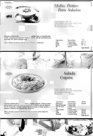 Coloque o leite no frei gelado. Bata no liquidificador
o leite, colocando aos poucos o iimao e o azeite, até dar consistência de
maionese. Por último coloque o
úzgredieiites Qcantidndcs ?,-C,- .
'Dica:Molllo de bai.xc~scalol-iasqzi~suosnnil a maior7ese. Leite 1xícara (chá) RS C.'S
Limão 1 colher (sopa) RS C f:
Azeite 1 112 xícara (chá) RS ',L3
Sal a gosto
Salada
Custo u17itdl.io: !I&$0,09
Valol-cctltjr-icoda por-cão: 124,75 kcal
$elidir~zerlto:6 pol-gões
Tempo de 30 ~izirz
Ing~edientes Runrztidades P1.ccos
!inhe a batata-doce macia. Amasse e reserve. Corte as cascas Batata-doce 2 xícaras (chá) R$ 0,24
berinjelas e talos de LUUVC rin tiras finas e cozinhe com sal. Reserve. Casca de berinjela 1xícara (chá)
Em um recipiente, coloque a batata-doce amassada, os talos cozidos e Talos de couve 2 xícaras (ch
misture o restante dos ingredientes. Sirva frio. Sal a gosto
Cebola picada 1 colher (sol , R$0,03
Bica:& couve possui substcir7cias q ~ i ~pl.evirieln vdrios tipos de Salsa 2 colheres (sopa) R$ 0,02
cd1 Limão 1 colher (sopa) R$ 0,03
Maionese 2 colheres (sopa) R$ 0,19
Total: RS 0,51
lá)
oa)
 
