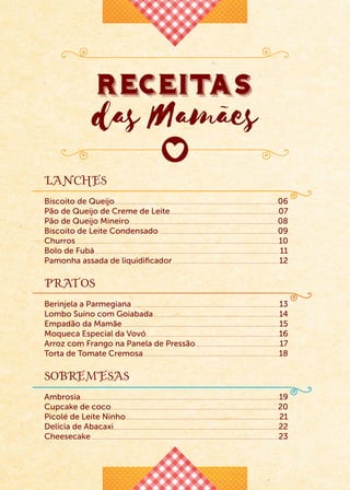 RECEITAS
das Mamães
Lanches
Biscoito de Queijo...................................................................................................................................................................................................06
Pão de Queijo de Creme de Leite..................................................................................................................................07
Pão de Queijo Mineiro.................................................................................................................................................................................08
Biscoito de Leite Condensado..............................................................................................................................................09
Churros..................................................................................................................................................................................................................................................10
Bolo de Fubá............................................................................................................................................................................................................................ 11
Pamonha assada de liquidiﬁcador............................................................................................................................... 12
Pratos
Berinjela a Parmegiana................................................................................................................................................................................13
Lombo Suíno com Goiabada...................................................................................................................................................... 14
Empadão da Mamãe...........................................................................................................................................................................................15
Moqueca Especial da Vovó.............................................................................................................................................................. 16
Arroz com Frango na Panela de Pressão....................................................................................................17
Torta de Tomate Cremosa..................................................................................................................................................................18
Sobremesas
Ambrosia............................................................................................................................................................................................................................................. 19
Cupcake de coco.......................................................................................................................................................................................................20
Picolé de Leite Ninho....................................................................................................................................................................................... 21
Delícia de Abacaxi.....................................................................................................................................................................................................22
Cheesecake.................................................................................................................................................................................................................................23
 
