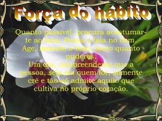 Força do hábito Quanto possível, procura acostumar-te ao bem. Pensa e fala no bem. Age, fazendo o bem, tanto quanto puderes. Um dia, compreenderás que a pessoa, seja ela quem for, somente crê e tão-só admite aquilo que cultiva no próprio coração. 