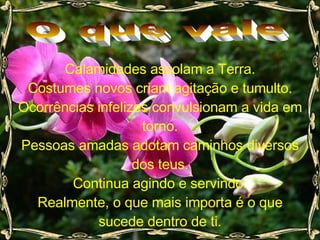 O que vale Calamidades assolam a Terra. Costumes novos criam agitação e tumulto. Ocorrências infelizes convulsionam a vida em torno. Pessoas amadas adotam caminhos diversos dos teus. Continua agindo e servindo. Realmente, o que mais importa é o que sucede dentro de ti. 
