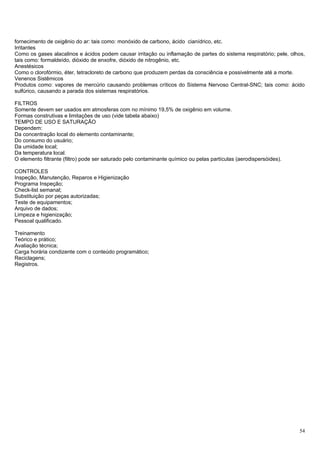 fornecimento de oxigênio do ar: tais como: monóxido de carbono, ácido cianídrico, etc.
Irritantes
Como os gases alacalinos e ácidos podem causar irritação ou inflamação de partes do sistema respiratório; pele, olhos,
tais como: formaldeído, dióxido de enxofre, dióxido de nitrogênio, etc.
Anestésicos
Como o clorofórmio, éter, tetracloreto de carbono que produzem perdas da consciência e possivelmente até a morte.
Venenos Sistêmicos
Produtos como: vapores de mercúrio causando problemas críticos do Sistema Nervoso Central-SNC; tais como: ácido
sulfúrico, causando a parada dos sistemas respiratórios.

FILTROS
Somente devem ser usados em atmosferas com no mínimo 19,5% de oxigênio em volume.
Formas construtivas e limitações de uso (vide tabela abaixo)
TEMPO DE USO E SATURAÇÃO
Dependem:
Da concentração local do elemento contaminante;
Do consumo do usuário;
Da umidade local;
Da temperatura local.
O elemento filtrante (filtro) pode ser saturado pelo contaminante químico ou pelas partículas (aerodispersóides).

CONTROLES
Inspeção, Manutenção, Reparos e Higienização
Programa Inspeção;
Check-list semanal;
Substituição por peças autorizadas;
Teste de equipamentos;
Arquivo de dados;
Limpeza e higienização;
Pessoal qualificado.

Treinamento
Teórico e prático;
Avaliação técnica;
Carga horária condizente com o conteúdo programático;
Reciclagens;
Registros.




                                                                                                                    54
 