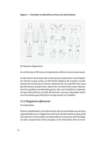 Figura 1 – Assinalar no desenho as áreas com dermatoses




     d) Hipótese diagnóstica

     Ao se formular a HD torna-se importante verificar se existe nexo causal.

     As dermatites de contato são as dermatoses ocupacionais mais freqüen-
     tes. Estima-se que, juntas, as dermatites alérgicas de contato e as der-
     matites de contato por irritantes representem cerca de 90% dos casos
     das dermatoses ocupacionais. Apesar de, na maioria dos casos, não pro-
     duzirem quadros considerados graves, são, com freqüência, responsá-
     veis por desconforto, prurido, ferimentos, traumas, alterações estéti-
     cas e funcionais que interferem na vida social e no trabalho.

     2.2.2 Diagnóstico diferencial
     Considerações

     Muitos trabalhadores com dermatoses são encaminhados aos serviços
     especializados com o diagnóstico primário de dermatose ocupacional,
     não obstante muitas delas corresponderem a processos dermatológi-
     cos não-ocupacionais. Nessa situação, se for necessário, deve-se recor-



18
 