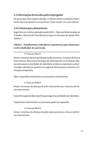 2.5 Informações fornecidas pelo empregador
De posse das informações obtidas, o médico obterá subsídios impor-
tantes que irão ajudá-lo a caracterizar “nexo causal” nos casos difíceis.

2.6 Critérios para afastamento
Sugerimos os critérios adotados pela AMA – Doenças Relacionadas ao
Trabalho. Manual de Procedimentos para os Serviços de Saúde 2001.
Tabela 2.

Tabela 2 – Estadiamento, indicadores e parâmetros para afastamen-
to do trabalhador de sua função.

           • Grau ou Nível 1
Sinais e sintomas da doença de pele estão presentes, inclusive de forma
intermitente. Não existe limitação do desempenho ou limitação ape-
nas para poucas atividades da vida diária, embora a exposição a deter-
minadas substâncias químicas ou agentes físicos possa aumentar a li-
mitação temporária.

Não é requerido tratamento ou tratamento intermitente.

           • Grau ou Nível 2
Sinais e sintomas da doença de pele estão presentes, inclusive de for-
ma intermitente.

Existe limitação do desempenho para algumas atividades da vida diária.

Tratamento intermitente ou constante pode ser requerido.

           • Grau ou Nível 3
Sinais e sintomas da doença de pele estão presentes, inclusive de for-
ma intermitente.




                                                                            23
 