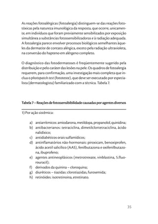 As reações fotoalérgicas (fotoalergia) distinguem-se das reações foto-
tóxicas pela natureza imunológica da resposta, que ocorre, unicamen-
te, em indivíduos que foram previamente sensibilizados por exposição
simultânea a substâncias fotossensibilizadoras e à radiação adequada.
A fotoalergia parece envolver processos biológicos semelhantes àque-
les da dermatite de contato alérgica, exceto pela radiação ultravioleta,
na conversão do hapteno em alérgeno completo.

O diagnóstico das fotodermatoses é freqüentemente sugerido pela
distribuição e pelo caráter das lesões na pele. Os quadros de fotoalergia
requerem, para confirmação, uma investigação mais completa que in-
clua o photopatch test (fototeste), que deve ser executado por especia-
lista (dermatologista) familiarizado com a técnica. Tabela 7.




Tabela 7 – Reações de fotossensibibilidade causadas por agentes diversos

1) Por ação sistêmica:

     a) antiarrítmicos: amiodarona, metildopa, propanolol, quinidina;
     b) antibacterianos: tetraciclina, dimetilclortetraciclina, ácido
        nalidíxico;
     c) antidiabéticos orais sulfamídicos;
     d) antinflamatórios não-hormonais: piroxicam, benoxiprofen,
        ácido acetil salicílico (AAS), fenilbutazona e oxifenilbutazo-
        na, ibuprofeno;
     e) agentes antineoplásicos (metrotrexate, vinblastina, 5.fluo-
        rouracil);
     f) derivados da quinina – cloroquina;
     g) diuréticos – tiazidas: clorotiazidas, furosemida;
     h) retinóides: isotretinoina, etretinato.




                                                                            35
 
