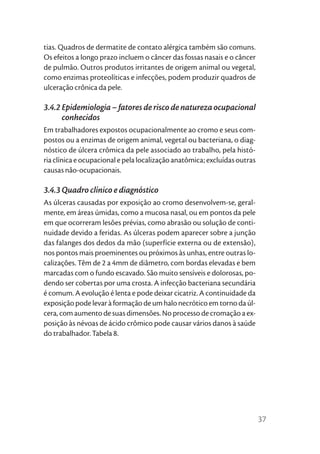 tias. Quadros de dermatite de contato alérgica também são comuns.
Os efeitos a longo prazo incluem o câncer das fossas nasais e o câncer
de pulmão. Outros produtos irritantes de origem animal ou vegetal,
como enzimas proteolíticas e infecções, podem produzir quadros de
ulceração crônica da pele.

3.4.2 Epidemiologia – fatores de risco de natureza ocupacional
      conhecidos
Em trabalhadores expostos ocupacionalmente ao cromo e seus com-
postos ou a enzimas de origem animal, vegetal ou bacteriana, o diag-
nóstico de úlcera crômica da pele associado ao trabalho, pela histó-
ria clínica e ocupacional e pela localização anatômica; excluídas outras
causas não-ocupacionais.

3.4.3 Quadro clínico e diagnóstico
As úlceras causadas por exposição ao cromo desenvolvem-se, geral-
mente, em áreas úmidas, como a mucosa nasal, ou em pontos da pele
em que ocorreram lesões prévias, como abrasão ou solução de conti-
nuidade devido a feridas. As úlceras podem aparecer sobre a junção
das falanges dos dedos da mão (superfície externa ou de extensão),
nos pontos mais proeminentes ou próximos às unhas, entre outras lo-
calizações. Têm de 2 a 4mm de diâmetro, com bordas elevadas e bem
marcadas com o fundo escavado. São muito sensíveis e dolorosas, po-
dendo ser cobertas por uma crosta. A infecção bacteriana secundária
é comum. A evolução é lenta e pode deixar cicatriz. A continuidade da
exposição pode levar à formação de um halo necrótico em torno da úl-
cera, com aumento de suas dimensões. No processo de cromação a ex-
posição às névoas de ácido crômico pode causar vários danos à saúde
do trabalhador. Tabela 8.




                                                                           37
 