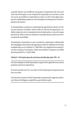ça pode reduzir sua incidência nos grupos ocupacionais de risco, por
meio da eliminação ou da redução da exposição ou controle, como
nos casos secundários à exposição ao calor e ao frio. Para alguns gru-
pos de trabalhadores pode ser recomendável a utilização de cremes re-
pelentes de insetos.

A manipulação, o preparo e a aplicação de agrotóxicos devem ser fei-
tas por pessoas treinadas, observando as normas de segurança, cui-
dados especiais com os equipamentos de aplicação e o uso de roupas
protetoras. Deve-se buscar substituir os produtos por outros com me-
nor grau de toxicidade.

A produção, o transporte, o uso, o comércio, a aplicação e a disposição
de embalagens (lixo tóxico) de agrotóxicos devem obedecer às normas
estabelecidas na Lei Federal n.º 7.802/89 e nos regulamentos específi-
cos dos estados e municípios. Observar também o disposto nas NRR,
da Portaria/MTE n.º 3.067/1988.

Tabela 9 – Principais tipos de urticárias classificadas pela CID - 10

Urticária alérgica (L50.0) Exposição ocupacional a agrotóxicos e outros
produtos químicos específicos.

Urticária devido ao frio e ao calor (L50.2) Exposição ocupacional ao
frio e ao calor.

Urticária de contato (L50.6) Exposição ocupacional a agentes quími-
cos, físicos e biológicos, específicos, que afetam a pele.




                                                                          41
 