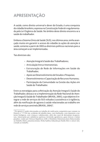 APRESENTAÇÃO

A saúde, como direito universal e dever do Estado, é uma conquista
do cidadão brasileiro, expressa na Constituição Federal e regulamenta-
da pela Lei Orgânica da Saúde. No âmbito deste direito encontra-se a
saúde do trabalhador.

Embora o Sistema Único de Saúde (SUS), nos últimos anos, tenha avan-
çado muito em garantir o acesso do cidadão às ações de atenção à
saúde, somente a partir de 2003 as diretrizes políticas nacionais para a
área começam a ser implementadas.

Tais diretrizes são:

              • Atenção Integral à Saúde dos Trabalhadores;
              • Articulação Intra e Intersetoriais;
              • Estruturação de Rede de Informações em Saúde do
                Trabalhador;
              • Apoio ao Desenvolvimento de Estudos e Pesquisas;
              • Desenvolvimento e Capacitação de Recursos Humanos;
              • Participação da Comunidade na Gestão das Ações em
                Saúde do Trabalhador.

Entre as estratégias para a efetivação da Atenção Integral à Saúde do
Trabalhador, destaca-se a implementação da Rede Nacional de Aten-
ção Integral à Saúde do Trabalhador (BRASIL, 2005), cujo objetivo é in-
tegrar a rede de serviços do SUS voltados à assistência e à vigilância,
além da notificação de agravos à saúde relacionados ao trabalho em
rede de serviços sentinela (BRASIL, 2004)1.
1
  Os agravos à saúde relacionados ao trabalho de notiﬁcação compulsória que constam na
Portaria n.º 777/04 são: acidentes de trabalho fatais, com mutilações, com exposição a ma-
teriais biológicos, com crianças e adolescentes, além dos casos de dermatoses ocupacio-
nais, intoxicações por substâncias químicas (incluindo agrotóxicos, gases tóxicos e metais
pesados), Lesões por Esforços Repetitivos (LER) e Distúrbios Osteomusculares Relacionados
ao Trabalho (Dort), pneumoconioses, Perda Auditiva Induzida por Ruído (Pair) e câncer rela-
cionado ao trabalho.




                                                                                              7
 