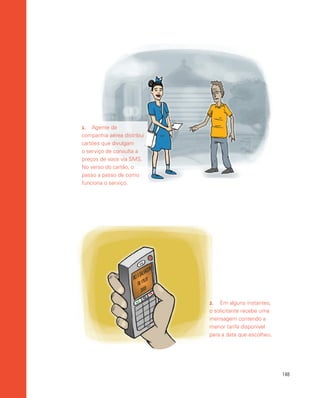 148
2.	 Em alguns instantes,
o solicitante recebe uma
mensagem contendo a
menor tarifa disponível
para a data que escolheu.
1.	 Agente da
companhia aérea distribui
cartões que divulgam
o serviço de consulta a
preços de voos via SMS.
No verso do cartão, o
passo a passo de como
funciona o serviço.
 