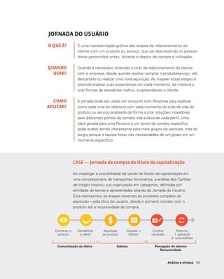 8585Análise e síntese
JORNADA DO USUÁRIO
É uma representação gráfica das etapas de relacionamento do
cliente com um produto ou serviço, que vai descrevendo os passos-
chave percorridos antes, durante e depois da compra e utilização.
Quando é necessário entender o ciclo de relacionamento do cliente
com a empresa, desde quando resolve comprar o produto/serviço, até
descartá-lo ou realizar uma nova aquisição. Ao mapear essas etapas é
possível analisar suas expectativas em cada momento, de maneira a
criar formas de atendê-las melhor, surpreendendo o cliente.
A jornada pode ser usada em conjunto com Personas para explorar
como cada uma se relaciona com cada momento do ciclo de vida do
produto ou serviço analisado de forma a criar soluções inovadoras
para diferentes pontos de contato sob a ótica de cada perfil. Uma
ideia gerada para uma Persona e um ponto de contato específico
pode acabar sendo interessante para mais grupos de pessoas, mas só
surgiu porque a equipe focou nas necessidades de um grupo em um
momento específico.
O QUE É?
QUANDO
USAR?
COMO
APLICAR?
Conhecer o
produto
Comunicação da oferta Adesão Percepção de retorno
Recursividade
Aquisição
do produto
Guardar o
bilhete
Conferir
resultado
Retorno:
1. operacão
2. outro bilhete
Sensibilizar
a oferta
CASE — Jornada de compra de título de capitalização
Ao investigar a possibilidade de venda de títulos de capitalização em
uma concessionária de transportes ferroviários, a análise dos Cartões
de Insight inspirou sua organização em categorias, definidas por
afinidade de temas e apresentadas através da Jornada do Usuário.
Esta representou as etapas inerentes ao processo completo de
aquisição – pela ótica do usuário, desde o primeiro contato com o
produto até a recursividade da compra.
 