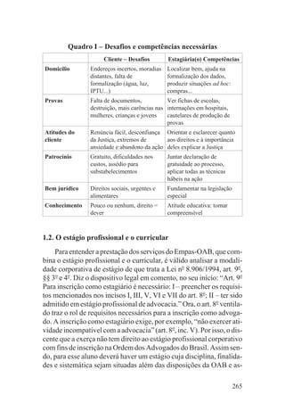 Quadro I – Desafios e competências necessárias
                      Cliente – Desafios        Estagiária(o) Competências
Domicílio        Endereços incertos, moradias   Localizar bem, ajuda na
                 distantes, falta de            formalização dos dados,
                 formalização (água, luz,       produzir situações ad hoc:
                 IPTU...)                       compras...
Provas           Falta de documentos,           Ver fichas de escolas,
                 destruição, mais carências nas internações em hospitais,
                 mulheres, crianças e jovens    cautelares de produção de
                                                provas
Atitudes do      Renúncia fácil, desconfiança Orientar e esclarecer quanto
cliente          da Justiça, extremos de      aos direitos e à importância
                 ansiedade e abandono da ação deles explicar a Justiça
Patrocínio       Gratuito, dificuldades nos     Juntar declaração de
                 custos, assédio para           gratuidade ao processo,
                 substabelecimentos             aplicar todas as técnicas
                                                hábeis na ação
Bem jurídico     Direitos sociais, urgentes e   Fundamentar na legislação
                 alimentares                    especial
Conhecimento     Pouco ou nenhum, direito =     Atitude educativa: tornar
                 dever                          compreensível



1.2. O estágio profissional e o curricular
    Para entender a prestação dos serviços do Empas-OAB, que com-
bina o estágio profissional e o curricular, é válido analisar a modali-
dade corporativa de estágio de que trata a Lei no 8.906/1994, art. 9o,
§§ 3o e 4o. Diz o dispositivo legal em comento, no seu início: “Art. 9o
Para inscrição como estagiário é necessário: I – preencher os requisi-
tos mencionados nos incisos I, III, V, VI e VII do art. 8o; II – ter sido
admitido em estágio profissional de advocacia.” Ora, o art. 8o ventila-
do traz o rol de requisitos necessários para a inscrição como advoga-
do. A inscrição como estagiário exige, por exemplo, “não exercer ati-
vidade incompatível com a advocacia” (art. 8o, inc. V). Por isso, o dis-
cente que a exerça não tem direito ao estágio profissional corporativo
com fins de inscrição na Ordem dos Advogados do Brasil. Assim sen-
do, para esse aluno deverá haver um estágio cuja disciplina, finalida-
des e sistemática sejam situadas além das disposições da OAB e as-

                                                                             265
 