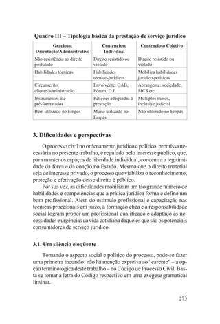 Quadro III – Tipologia básica da prestação de serviço jurídico
         Gracioso:               Contencioso         Contencioso Coletivo
 Orientação/Administrativo        Individual
Não-resistência ao direito   Direito resistido ou   Direito resistido ou
postulado                    violado                violado
Habilidades técnicas         Habilidades            Mobiliza habilidades
                             técnico-jurídicas      jurídico-políticas
Circunscrito:                Envolvente: OAB,       Abrangente: sociedade,
cliente/administração        Fórum, D.P.            MCS etc.
Instrumentos até             Petições adequadas à   Múltiplos meios,
pré-formatados               prestação              inclusive judicial
Bem utilizado no Empas       Muito utilizado no     Não utilizado no Empas
                             Empas


3. Dificuldades e perspectivas
    O processo civil no ordenamento jurídico e político, premissa ne-
cessária no presente trabalho, é regulado pelo interesse público, que,
para manter os espaços de liberdade individual, concentra a legitimi-
dade da força e da coação no Estado. Mesmo que o direito material
seja de interesse privado, o processo que viabiliza o reconhecimento,
proteção e efetivação desse direito é público.
    Por sua vez, as dificuldades mobilizam um tão grande número de
habilidades e competências que a prática jurídica forma e define um
bom profissional. Além do estímulo profissional e capacitação nas
técnicas processuais em juízo, a formação ética e a responsabilidade
social logram propor um profissional qualificado e adaptado às ne-
cessidades e urgências da vida cotidiana daqueles que são os potenciais
consumidores de serviço jurídico.


3.1. Um silêncio eloqüente
     Tomando o aspecto social e político do processo, pode-se fazer
uma primeira incursão: não há menção expressa ao “carente” – a op-
ção terminológica deste trabalho – no Código de Processo Civil. Bas-
ta se tomar a letra do Código respectivo em uma exegese gramatical
liminar.

                                                                           273
 