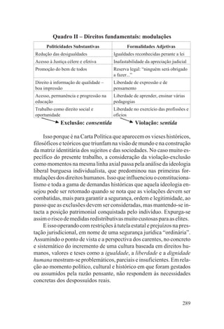 Quadro II – Direitos fundamentais: modulações
      Politicidades Substantivas             Formalidades Adjetivas
Redução das desigualdades             Igualdades reconhecidas perante a lei
Acesso à Justiça célere e efetiva     Inafastabilidade da apreciação judicial
Promoção do bem de todos              Reserva legal: “ninguém será obrigado
                                      a fazer...”
Direito à informação de qualidade –   Liberdade de expressão e de
boa impressão                         pensamento
Acesso, permanência e progressão na   Liberdade de aprender, ensinar várias
educação                              pedagogias
Trabalho como direito social e        Liberdade no exercício das profissões e
oportunidade                          ofícios
             Exclusão: consentida                Violação: sentida

     Isso porque é na Carta Política que aparecem os vieses históricos,
filosóficos e teóricos que triunfam na visão de mundo e na construção
da matriz identitária dos sujeitos e das sociedades. No caso muito es-
pecífico do presente trabalho, a consideração da violação-exclusão
como momentos na mesma linha axial passa pela análise da ideologia
liberal burguesa individualista, que predominou nas primeiras for-
mulações dos direitos humanos. Isso que influenciou o constituciona-
lismo e toda a gama de demandas históricas que aquela ideologia en-
sejou pode ser retomado quando se nota que as violações devem ser
combatidas, mais para garantir a segurança, ordem e legitimidade, ao
passo que as exclusões devem ser consideradas, mas mantendo-se in-
tacta a posição patrimonial conquistada pelo indivíduo. Expurga-se
assim o risco de medidas redistributivas muito custosas para as elites.
     E isso operando com restrições à tutela estatal e prejuízos na pres-
tação jurisdicional, em nome de uma segurança jurídica “ordinária”.
Assumindo o ponto de vista e a perspectiva dos carentes, no concreto
e sistemático do incremento de uma cultura baseada em direitos hu-
manos, valores e teses como a igualdade, a liberdade e a dignidade
humana mostram-se problemáticos, parciais e insuficientes. Em rela-
ção ao momento político, cultural e histórico em que foram gestados
ou assumidos pela razão pensante, não respondem às necessidades
concretas dos despossuídos reais.


                                                                          289
 