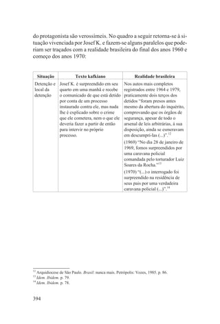 do protagonista são verossímeis. No quadro a seguir retorna-se à si-
tuação vivenciada por Josef K. e fazem-se alguns paralelos que pode-
riam ser traçados com a realidade brasileira do final dos anos 1960 e
começo dos anos 1970:


     Situação            Texto kafkiano                      Realidade brasileira
 Detenção e Josef K. é surpreendido em seu            Nos autos mais completos
 local da   quarto em uma manhã e recebe              registrados entre 1964 e 1979,
 detenção   o comunicado de que está detido           praticamente dois terços dos
            por conta de um processo                  detidos “foram presos antes
            instaurado contra ele, mas nada           mesmo da abertura do inquérito,
            lhe é explicado sobre o crime             comprovando que os órgãos de
            que ele cometera, nem o que ele           segurança, apesar de todo o
            deveria fazer a partir de então           arsenal de leis arbitrárias, à sua
            para intervir no próprio                  disposição, ainda se esmeravam
            processo.                                 em descumpri-las (...)”.12
                                                      (1969) “No dia 28 de janeiro de
                                                      1969, fomos surpreendidos por
                                                      uma caravana policial
                                                      comandada pelo torturador Luiz
                                                      Soares da Rocha.”13
                                                      (1970) “(...) o interrogado foi
                                                      surpreendido na residência de
                                                      seus pais por uma verdadeira
                                                      caravana policial (...)”.14




12
   Arquidiocese de São Paulo. Brasil: nunca mais. Petrópolis: Vozes, 1985. p. 86.
13
   Idem. Ibidem. p. 79.
14
   Idem. Ibidem. p. 78.


394
 