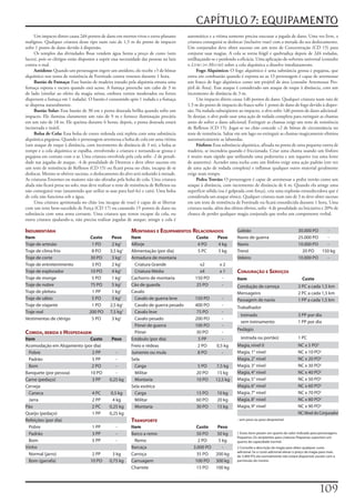 CAPÍTULO 7: EQUIPAMENTO
     Um	impacto	direto	causa	2d4	pontos	de	dano	em	mortos-vivos	e	exrra-planares	          automático	e	a	vítima	somente	precisa	executar	a	jogada	de	dano.	Uma	vez	livre,	a	
malignos.	Qualquer	criatura	desse	tipo	num	raio	de	1,5	m	do	ponto	de	impacto	              criatura	conseguirá	se	deslocar	(inclusive	voar)	com	a	metade	do	seu	deslocamento.	
sofre	1	ponto	de	dano	devido	â	dispersão.                                                  Um	conjurador	deve	obter	sucesso	em	um	teste	de	Concentração	(CD	15)	para	
     Os	templos	das	divindades	Boas	vendem	água	benta	a	preço	de	custo	(sem	               conjurar	suas	magias.	A	cola	se	torna	frágil	e	quebradiça	depois	de	2d4	rodadas,	
lucro),	pois	os	clérigos	estão	dispostos	a	suprir	essa	necessidade	das	pessoas	na	luta	    estilhaçando-se	e	perdendo	a	eficácia.	Uma	aplicação	do	solvente	universal	(consulte	
contra	o	mal.                                                                              o	Livro do Mestre)	sobre	a	cola	alquímica	a	dissolve	imediatamente.
     Antídoto:	Quando	um	personagem	ingere	um	antídoto,	ele	recebe	+5	de	bônus	                  Fogo	Alquímico:	O	fogo	alquímico	é	uma	substância	grossa	e	pegajosa,	que	
alquímico	nos	testes	de	resistência	de	Fortitude	contra	venenos	durante	1	hora.            entra	em	combustão	quando	é	exposta	ao	ar.	O	personagem	é	capaz	de	arremessar	
     Bastão de Fumaça:	Esse	bastão	de	madeira	tratado	pela	alquimia	emana	uma	             um	frasco	de	fogo	alquímico	como	um	projétil	de	área	(consulte	Arremessar	Pro-
fumaça	espessa	e	escura	quando	está	aceso.	A	fumaça	preenche	um	cubo	de	3	m	               jétil	de	Área).	Esse	ataque	é	considerado	um	ataque	de	toque	à	distância,	com	um	
de	lado	(similar	ao	efeito	da	magia	névoa,	embora	ventos	moderados	ou	fortes	              incremento	de	distância	de	3	m.
dispersem	a	fumaça	em	1	rodada).	O	bastão	é	consumido	após	1	rodada	e	a	fumaça	                  Um	impacto	direto	causa	1d6	pontos	de	dano.	Qualquer	criatura	num	raio	de	
se	dispersa	naturalmente.                                                                  1,5	m	do	ponto	de	impacto	do	frasco	sofre	1	ponto	de	dano	de	fogo	devido	à	disper-
     Bastão Solar:	Esse	bastão	de	30	em	e	ponta	dourada	brilha	quando	sofre	um	            são.	Na	rodada	subseqüente	ao	impacto,	o	alvo	sofre	1d6	pontos	de	dano	adicional.	
impacto.	Ele	ilumina	claramente	um	raio	de	9	m	e	fornece	iluminação	precária	              Se	desejar,	o	alvo	pode	usar	uma	ação	de	rodada	completa	para	extinguir	as	chamas	
em	um	raio	de	18	m.	Ele	queima	durante	6	horas;	depois,	a	poma	dourada	estará	             antes	de	sofrer	o	dano	adicional.	Extinguir	as	chamas	exige	um	teste	de	resistência	
incinerada	e	inútil.                                                                       de	Reflexos	(CD	15).	Jogar-se	no	chão	concede	+2	de	bônus	de	circunstância	no	
     Bolsa	de	Cola:	Essa	bolsa	de	couro	redonda	está	repleta	com	uma	substância	           teste	de	resistência.	Saltar	em	um	lago	ou	extinguir	as	chamas	magicamente	elimina	
alquímica	pegajosa.	Quando	o	personagem	arremessa	a	bolsa	de	cola	em	uma	vítima	           automaticamente	as	labaredas.
(um	ataque	de	toque	à	distância,	com	incremento	de	distância	de	3	m),	a	bolsa	se	                Fósforo:	Essa	substância	alquímica,	afixada	na	ponta	de	uma	pequena	vareta	de	
rompe	e	a	cola	alquímica	se	espalha,	envolvendo	a	criatura	e	tornando-se	grossa	e	         madeira,	se	incendeia	quando	é	friccionada.	Criar	uma	chama	usando	um	fósforo	
pegajosa	em	contato	com	o	ar.	Uma	criatura	envolvida	pela	cola	sofre	-2	de	penali-         é	muito	mais	rápido	que	utilizando	uma	pederneira	e	um	isqueiro	(ou	uma	lente	
dade	nas	jogadas	de	ataque,	-4	de	penalidade	de	Destreza	e	deve	obter	sucesso	em	          de	aumento).	Acender	uma	tocha	com	um	fósforo	exige	uma	ação	padrão	(em	vez	
um	teste	de	resistência	de	Reflexos	(CD	15)	ou	ficará	presa	no	chão,	incapaz	de	se	        de	uma	ação	de	rodada	completa)	e	inflamar	qualquer	outro	material	geralmente	
deslocar.	Mesmo	se	obtiver	sucesso,	o	deslocamento	do	alvo	será	reduzido	à	metade.	        exige	mais	tempo.
As	criaturas	Enormes	ou	maiores	não	são	afetadas	pela	bolsa	de	cola.	Uma	criatura	               Pedra	Trovão:	O	personagem	é	capaz	de	arremessar	a	pedra	trovão	como	um	
alada	não	ficará	presa	no	solo,	mas	deve	realizar	o	teste	de	resistência	de	Reflexos	ou	   ataque	à	distância,	com	incremento	de	distância	de	6	m.	Quando	ela	atinge	uma	
não	conseguirá	voar	(assumindo	que	utilize	as	asas	para	fazê-lo)	e	cairá.	Uma	bolsa	       superfície	sólida	(ou	é	golpeada	com	força),	cria	uma	explosão	ensurdecedora	que	é	
de	cola	não	funciona	sob	a	água.                                                           considerada	um	ataque	sônico.	Qualquer	criatura	num	raio	de	3	m	deve	obter	sucesso	
     Uma	criatura	aprisionada	no	chão	(ou	incapaz	de	voar)	é	capaz	de	se	libertar	         em	um	teste	de	resistência	de	Fortitude	ou	ficará	ensurdecida	durante	1	hora.	Uma	
com	um	teste	bem-sucedido	de	Força	(CD	17)	ou	causando	15	pontos	de	dano	na	               criatura	surda,	além	dos	efeitos	óbvios,	sofre	-4	de	penalidade	na	Iniciativa	e	20%	de	
substância	com	uma	arma	cortante.	Uma	criatura	que	tentar	escapar	da	cola,	ou	             chance	de	perder	qualquer	magia	conjurada	que	tenha	um	componente	verbal.
outra	criatura	ajudando-a,	não	precisa	realizar	jogadas	de	ataque;	atingir	a	cola	é	

induMenTária                                                 MonTarias e equipaMenTos relacionados                     Galeão                                  30.000 PO   -
Item                                 Custo        Peso       Item                              Custo        Peso       Navio de guerra                         25.000 PO   -
Traje de artesão                      1 PO        2 kg1      Alforje                            4 PO        4 kg       Navio                                   10.000 PO   -
Traje de clima frio                   8 PO       3,5 kg1     Alimentação (por dia)              5 PC        5 kg       Trenó                                     20 PO   150 kg
Traje de corte                       30 PO        3 kg1      Armadura de montaria                                      Veleiro                                 10.000 PO   -
Traje de entretenimento               3 PO        2 kg1        Criatura Grande                   x2          x2
Traje de explorador                  10 PO        4 kg1        Criatura Média                    x4          x1        conJuração e serViços
Traje de monge                        5 PO        1 kg1      Cachorro de montaria              150 PO         -        Item                                       Custo
Traje de nobre                       75 PO        5 kg1      Cão de guarda                     25 PO          -        Condução de carroça                     3 PC a cada 1,5 km
Traje de plebeu                       1 PP        1 kg1      Cavalo                                                    Mensageiro                              2 PC a cada 1,5 km
Traje de sábio                        5 PO        3 kg1        Cavalo de guerra leve           150 PO         -        Passagem de navio                       1 PP a cada 1,5 km
Traje de viajante                     1 PO       2,5 kg1       Cavalo de guerra pesado         400 PO         -        Trabalhador
Traje real                           200 PO      7,5 kg1       Cavalo leve                     75 PO          -
                                                                                                                         treinado                              3 PP por dia
Vestimentas de clérigo                5 PO        3 kg1        Cavalo pesado                   200 PO         -
                                                                                                                         sem treinamento                       1 PP por dia
                                                               Pônei de guerra                 100 PO         -
                                                                                                                       Pedágio
coMida, bebida e HospedageM                                    Pônei                           30 PO          -
Item                        Custo                 Peso       Estábulo (por dia)                 5 PP          -          (estrada ou portão)                   1 PC
Acomodação em Alojamento (por dia)                           Freio e rédeas                     2 PO       0,5 kg      Magia, nível 0                          NC x 5 PO2
  Pobre                      2 PP                  -         Jumento ou mula                    8 PO          -        Magia, 1° nível                         NC x 10 PO2
  Padrão                     5 PP                  -         Sela                                                      Magia, 2° nível                         NC x 20 PO2
  Bom                        2 PO                  -           Carga                            5 PO      7,5 kg       Magia, 3° nível                         NC x 30 PO2
Banquete (por pessoa)       10 PO                  -           Militar                          20 PO      15 kg       Magia, 4° nível                         NC x 40 PO2
Carne (pedaço)               3 PP               0,25 kg        Montaria                         10 PO     12,5 kg      Magia, 5° nível                         NC x 50 PO2
Cerveja                                                      Sela exótica                                              Magia, 6° nível                         NC x 60 PO2
  Caneca                     4 PC               0,5 kg         Carga                            15 PO      10 kg       Magia, 7° nível                         NC x 70 PO2
  Jarra                      2 PP                4 kg          Militar                          60 PO      20 kg       Magia, 8° nível                         NC x 80 PO2
Pão                          2 PC               0,25 kg        Montaria                         30 PO      15 kg       Magia, 9° nível                         NC x 90 PO2
Queijo (pedaço)              1 PP               0,25 kg                                                                                                        NC: Nível do Conjurador
Refeições (por dia)                                          TransporTe                                                - sem peso ou peso desprezível.

  Pobre                      1 PP                   -        Item                              Custo        Peso
  Padrão                     3 PP                   -        Barco a remo                      50 PO        50 kg      1 Esses itens pesam um quarto do valor indicado para personagens
                                                                                                                       Pequenos. Os recipientes para criaturas Pequenas suportam um
  Bom                        5 PP                   -          Remo                             2 PO        5 kg       quarto da capacidade normal.
Vinho                                                        Barcaça                          3.000 PO        -        2 Consulte a descrição da magia para obter qualquer custo
                                                                                                                       adicional. Se o custo adicional elevar o preço da magia para mais
  Normal (jarro)             2 PP                3 kg        Carroça                           35 PO       200 kg      de 3.000 PO, ela normalmente não estará disponível, exceto com a
  Bom (garrafa)             10 PO               0,75 kg      Carruagem                         100 PO      300 kg      permissão do mestre.

                                                             Charrete                          15 PO       100 kg



                                                                                                                                                                             10
 