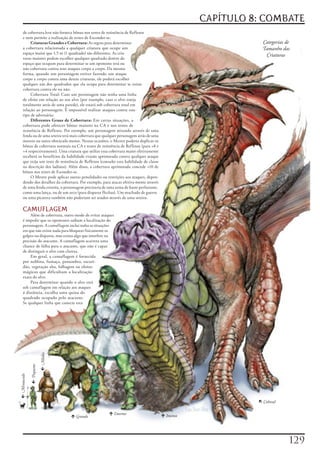 CAPÍTULO 8: COMBATE
    de	cobertura	leve	não	fornece	bônus	nos	testes	de	resistência	de	Reflexos	
    e	nem	permite	a	realização	de	testes	de	Esconder-se.
         Criaturas Grandes e Cobertura:	As	regras	para	determinar	                                              Categorias de
    a	cobertura	relacionada	a	qualquer	criatura	que	ocupe	um	                                                   Tamanho das
    espaço	maior	que	1,5	m	(1	quadrado)	são	diferentes.	As	cria-
                                                                                                                 Criaturas
    turas	maiores	podem	escolher	qualquer	quadrado	dentro	do	
    espaço	que	ocupam	para	determinar	se	um	oponente	terá	ou	
    não	cobertura	contra	seus	ataques	corpo	a	corpo.	Da	mesma	
    forma,	quando	um	personagem	estiver	fazendo	um	ataque	
    corpo	a	corpo	contra	uma	destas	criaturas,	ele	poderá	escolher	
    qualquer	um	dos	quadrados	que	ela	ocupa	para	determinar	se	existe	
    cobertura	contra	ele	ou	não.
         Cobertura	Total:	Caso	um	personagem	não	tenha	uma	linha	
    de	efeito	em	relação	ao	seu	alvo	(por	exemplo,	caso	o	alvo	esteja	
    totalmente	atrás	de	uma	parede),	ele	estará	sob	cobertura	total	em	
    relação	ao	personagem.	É	impossível	realizar	ataques	contra	esse	
    tipo	de	adversário.
         Diferentes Graus de Cobertura:	Em	certas	situações,	a	
    cobertura	pode	oferecer	bônus	maiores	na	CA	e	nos	testes	de	
    resistência	de	Reflexos.	Por	exemplo,	um	personagem	atirando	através	de	uma	
    fenda	ou	de	uma	seteira	terá	mais	cobertura	que	qualquer	personagem	atrás	de	uma	
    mureta	ou	outro	obstáculo	menor.	Nestas	ocasiões,	o	Mestre	poderia	duplicar	os	
    bônus	de	cobertura	normais	na	CA	e	testes	de	resistência	de	Reflexos	(para	+8	e	
    +4	respectivamente).	Uma	criatura	que	utilize	essa	cobertura	maior	efetivamente	
    receberá	os	benefícios	da	habilidade	evasão	aprimorada	contra	qualquer	ataque	
    que	exija	um	teste	de	resistência	de	Reflexos	(consulte	esta	habilidade	de	classe	
    na	descrição	dos	ladinos).	Além	disso,	a	cobertura	aprimorada	concede	+10	de	
    bônus	nos	testes	de	Esconder-se.
         O	Mestre	pode	aplicar	outras	penalidades	ou	restrições	aos	ataques,	depen-
    dendo	dos	detalhes	da	cobertura.	Por	exemplo,	para	atacar	efetiva-mente	através	
    de	uma	fenda	estreita,	o	personagem	precisaria	de	uma	arma	de	haste	perfurante,	
    como	uma	lança,	ou	de	um	arco	(para	disparar	flechas).	Um	machado	de	guerra	
    ou	uma	picareta	também	não	poderiam	ser	usados	através	de	uma	seteira.

    CAMUFLAGEM
        Além	de	cobertura,	outro	modo	de	evitar	ataques	
    é	impedir	que	os	oponentes	saibam	a	localização	do	
    personagem.	A	camuflagem	inclui	todas	as	situações	
    em	que	não	existe	nada	para	bloquear	fisicamente	os	
    golpes	ou	disparos,	mas	exista	algo	que	interfere	na	
    precisão	do	atacante.	A	camuflagem	acarreta	uma	
    chance	de	falha	para	o	atacante,	que	não	é	capaz	
    de	distinguir	o	alvo	com	clareza.
        Em	geral,	a	camuflagem	é	fornecida	
    por	neblina,	fumaça,	penumbra,	escuri-
    dão,	vegetação	alta,	folhagem	ou	efeitos	
    mágicos	que	dificultam	a	localização	
    exata	do	alvo.
        Para	determinar	quando	o	alvo	está	
    sob	camuflagem	em	relação	aos	ataques	
    á	distância,	escolha	uma	quina	do	
    quadrado	ocupado	pelo	atacante.	
    Se	qualquer	linha	que	conecte	esta	
                           Médio
               Pequeno
 Minúsculo




                                                                                                               Colossal

                                                        Enorme                           Imenso
                                     Grande




                                                                                                                            12
 