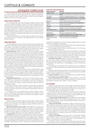CAPÍTULO 8: COMBATE
                             ATAQUES ESPECIAIS                                           Tabela 8-7: aTaques especiais
                                                                                         Ataque Especial             Resumo
     Esta	seção	explica	as	manobras	especiais	Agarrar,	arremessar	um	projétil	de	        Prestar Auxilio             Concede 4-2 de bônus nos ataques ou CA de um
área	(como	um	frasco	de	ácido	ou	água	benta),	atacar	objetos	(como	destroçar	                                        aliado
uma	arca	trancada	no	meio),	expulsar	ou	fascinar	mortos-vivos	(para	clérigos	e	          Encontrão                   Empurra um oponente para trás (1,5 m ou mais)
paladinos)	e	diversos	outros	ataques	especiais.                                          Investida                   Percorre o dobro do deslocamento e +2 de bônus
                                                                                                                     no ataque
PRESTAR AUXÍLIO                                                                          Desarme                     Retira a arma das mãos de um adversário
     Em	um	combate	corpo	a	corpo,	um	personagem	conseguiria	ajudar	um	amigo	             Fintar                      Anula o bônus de Destreza na CA do oponente
a	atacar	ou	se	defender	distraindo	o	adversário.	Se	ele	estiver	em	posição	de	atacar	    Agarrar                     Prende um adversário
um	oponente	que	está	em	combate	corporal	com	um	aliado,	será	possível	auxiliá-
                                                                                         Atropelar                   Supera um oponente durante o deslocamento
lo	usando	uma	ação	padrão.	Realize	uma	jogada	de	ataque	contra	CA	10.	Se	o	
personagem	obtiver	sucesso,	o	aliado	recebe	+2	de	bônus	de	circunstância	para	           Separar                     Golpeia a arma ou escudo de um oponente
atacar	aquele	oponente	ou	+2	de	bônus	de	circunstância	na	CA	contra	o	próximo	           Usar Projétil de Área       Arremessa um frasco com liquido perigoso contra
ataque	(a	escolha	do	auxiliar),	desde	que	o	ataque	aconteça	antes	do	início	do	seu	                                  um alvo
próximo	turno.	Diversos	personagens	podem	ajudar	um	mesmo	aliado	e	os	bônus	             Imobilização                Derruba ou prende uma criatura
similares	se	acumulam.                                                                   Expulsar/Fascinar           Canaliza energia positiva (ou negativa) para
     Também	é	possível	utilizar	essa	ação	para	ajudar	um	aliado	de	outra	maneira,	       Mortos-Vivos                afastar (ou fascinar) os mortos-vivos
como	quando	ele	estiver	sob	efeito	de	uma	magia	hipnotizar,	sono	ou	durante	             Combater com Duas           Lutar com uma arma em cada mão
um	teste	de	perícia.                                                                     Armas

ENCONTRÃO                                                                                um	aliado)	será	impossível	executar	uma	Investida	naquela	direção	(as	criaturas	
     Um	personagem	pode	executar	um	Encontrão	usando	uma	ação	padrão	(um	                indefesas	não	atrapalham	essa	manobra).
ataque)	ou	como	parte	de	uma	Investida	(veja	Investida,	a	seguir).	Quando	utiliza	            Caso	o	personagem	não	tenha	uma	linha	de	visão	contra	o	oponente	no	início	
essa	manobra,	o	personagem	tenta	empurrar	um	adversário	para	trás	em	vez	de	             do	seu	turno,	ele	não	poderá	executar	a	Investida.
atacá-lo.	O	encontrão	afetará	somente	os	oponentes	que	sejam	de	uma	categoria	                Um	personagem	não	pode	realizar	um	passo	de	ajuste	de	1,5	m	na	mesma	
de	tamanho	superior,	da	categoria	de	tamanho	do	atacante	ou	menores.                     rodada	em	que	utilizou	a	Investida.
     Iniciar Encontrão:	Primeiro,	o	atacante	terá	que	entrar	no	espaço	ocupado	               Se	o	personagem	for	capaz	de	realizar	apenas	uma	ação	padrão	ou	uma	ação	de	
pelo	defensor.	Este	deslocamento	provoca	ataques	de	oportunidade	de	cada	opo-            movimento	por	rodada,	ele	ainda	poderá	usar	a	Investida,	mas	percorrerá	somente	
nente	que	ameaçar	a	área	que	o	personagem	atravessar,	provavelmente	incluindo	           o	seu	deslocamento	básico	(em	vez	do	dobro,	usado	normalmente).	Não	é	possível	
o	próprio	defensor	(caso	tenha	o	talento	Encontrão	Aprimorado,	o	atacante	não	           usar	esta	opção,	a	menos	que	o	personagem	esteja	restrito	a	somente	uma	ação	por	
provoca	ataque	de	oportunidade	do	defensor	nessa	manobra).	Qualquer	ataque	de	           turno	(padrão	ou	de	movimento,	como	durante	a	rodada	surpresa).
oportunidade	realizado	contra	o	atacante	por	outras	criaturas,	exceto	o	defensor,	            Atacando em Investida:	Depois	do	movimento,	o	personagem	pode	realizar	
terá	25%	de	chance	de	atingir	acidentalmente	o	defensor	em	vez	do	atacante;	da	          um	único	ataque.	Usando	o	impulso	da	Investida	a	seu	favor,	ele	recebe	+2	de	
mesma	forma,	qualquer	ataque	de	oportunidade	realizado	contra	o	defensor	por	            bônus	em	sua	jogada	de	ataque.	Como	um	ataque	de	Investida	requer	um	pouco	
outro	personagem,	exceto	o	atacante,	terá	25%	de	chance	de	acertar	acidental-            de	imprudência,	ele	também	sofre	-2	de	penalidade	na	CA	até	o	início	do	seu	
mente	o	atacante	no	lugar	do	defensor	(quando	alguém	desferir	um	ataque	de	              próximo	turno.
oportunidade,	primeiro	realizará	a	jogada	de	ataque	normalmente	e	depois	jogará	              Um	personagem	em	Investida	recebe	+2	de	bônus	nos	testes	resistidos	de	
1d%	para	determinar	quem	foi	atingido).                                                  Força	durante	as	manobras	Encontrão	ou	Atropelar	(consulte	a	descrição	destas	
     Depois,	o	atacante	e	o	defensor	realizam	um	teste	resistido	de	Força.	Cada	         manobras).
um	deles	recebe	+4	de	bônus	para	cada	categoria	de	tamanho	superior	a	Médio	                  Mesmo	que	o	personagem	seja	capaz	de	executar	ataques	adicionais	em	função	
ou	-4	de	penalidade	para	cada	categoria	inferior	a	Médio.	O	atacante	recebe	+2	          de	um	bônus	base	de	ataque	elevado	ou	por	usar	mais	de	uma	arma,	ele	só	poderá	
de	bônus	se	estiver	usando	o	Encontrão	como	parte	de	uma	Investida.	O	defensor	          desferir	um	único	ataque	durante	essa	manobra.
recebe	+4	de	bônus	se	tiver	mais	de	duas	pernas	ou	for	excepcionalmente	estável	              Lanças e Investida:	Uma	lança	causa	o	dobro	de	dano	quando	é	utilizada	
(como	um	anão).                                                                          numa	Investida	por	um	personagem	montado.
     Resultados do Encontrão:	Se	o	atacante	vencer	o	teste	resistido,	ele	empur-              Armas Preparadas Contra Investida:	As	lanças,	tridentes	e	certas	armas	
rará	o	defensor	1,5	metro	para	trás	com	o	impacto.	Se	quiser	se	deslocar	junto	          perfurantes	causam	o	dobro	de	dano	quando	são	preparadas	e	usadas	contra	um	
com	o	alvo,	poderá	empurrá-lo	1,5	m	adicional	para	cada	5	pontos	de	diferença	           personagem	em	Investida	(veja	a	Tabela	7-5:	Armas	e	Preparar).
entre	os	testes	de	Força.	Contudo,	o	atacante	não	pode	exceder	o	seu	limite	de	
deslocamento	normal.                                                                     DESARME
     Observação:	O	defensor	provoca	ataques	de	oportunidade	normalmente	                      Usando	um	ataque	corpo	a	corpo,	um	personagem	é	capaz	de	tentar	desarmar	
conforme	é	deslocado,	assim	como	o	atacante,	caso	esteja	se	movendo	junto	com	           um	adversário.	Quando	utiliza	uma	arma	na	manobra,	ele	retira	a	arma	das	mãos	
o	defensor.	Entretanto,	eles	não	provocam	ataques	de	oportunidade	um	do	outro	           da	vitima,	jogando-a	no	chão.	Quando	desarma	alguém	com	as	mãos	nuas,	o	
devido	à	manobra.                                                                        personagem	pode	segurar	a	arma	do	oponente	nas	mãos.
     Se	o	defensor	vencer	o	teste	resistido	de	Força,	o	atacante	se	desloca	1,5	metro	        Se	a	manobra	envolver	uma	arma	branca,	siga	as	instruções	a	seguir.	Caso	
para	trás,	voltando	para	o	local	onde	estava	quando	iniciou	a	manobra,	antes	de	         o	objeto	não	seja	uma	arma	branca	(como	um	arco	ou	uma	varinha),	o	defensor	
entrar	no	espaço	ocupado	pelo	defensor.	Se	esse	espaço	estiver	ocupado,	o	atacante	      ainda	poderá	realizar	os	testes	resistidos	de	ataque,	mas	sofrerá	penalidades	e	não	
ficará	caído	naquele	quadrado.                                                           poderá	tentar	desarmar	o	atacante	se	a	tentativa	fracassar.
                                                                                              1ª Etapa: Ataque de Oportunidade.	O	personagem	provoca	um	ataque	de	
INVESTIDA                                                                                oportunidade	do	defensor	que	está	tentando	desarmar	(exceto	se	tiver	o	talento	
     Realizar	um	ataque	de	Investida	exige	uma	ação	de	rodada	completa	especial,	        Desarme	Aprimorado).	Se	o	ataque	de	oportunidade	do	defensor	causar	dano,	a	
que	permite	ao	atacante	percorrer	o	dobro	do	seu	deslocamento	e	atacar	durante	          tentativa	de	Desarme	fracassa.
a	mesma	ação.	No	entanto,	existem	algumas	restrições	inflexíveis	referentes	ao	               2ª Etapa: Teste Resistido.	O	personagem	e	o	defensor	realizam	um	teste	resis-
movimento	dessa	manobra.                                                                 tido	de	ataque	com	suas	respectivas	armas.	Caso	qualquer	um	esteja	empunhando	
     Movimento Durante uma Investida:	O	personagem	deve	se	mover	antes	                  uma	arma	de	duas	mãos,	receberá	+4	de	bônus	no	teste	resistido;	se	estiver	usando	
do	ataque,	nunca	depois.	Ele	precisa	percorrer	no	mínimo	3	m	(2	quadrados)	e	            armas	leves,	sofrerá	-4	de	penalidade	(os	ataques	desarmados	são	considerados	
será	capaz	de	percorrer	no	máximo	o	dobro	de	seu	deslocamento	básico,	sempre	            armas	leves,	portanto	um	atacante	sempre	sofre	essa	penalidade	quando	tenta	
em	linha	reta	contra	o	oponente.	O	caminho	entre	o	atacante	e	o	defensor	precisa	        desarmar	um	oponente	com	as	mios	nuas).	Se	os	personagens	tiverem	categorias	
estar	livre	de	qualquer	obstrução	(como	terreno	acidentado	ou	obstáculos).               de	tamanhos	diferentes,	o	combatente	maior	recebe	+4	de	bônus	a	cada	categoria	
     Caminho livre:	Primeiramente,	o	personagem	deve	se	deslocar	até	o	espaço	           de	tamanho	de	diferença.
mais	próximo	possível	para	atacar	o	oponente	(se	este	espaço	estiver	ocupado,	será	           3ª Etapa: Conseqüências.	Se	o	atacante	vencer	o	teste	resistido,	o	defensor	
impossível	realizar	a	Investida	naquela	direção).	Em	segundo	lugar,	se	qualquer	         será	desarmado.	Se	tentar	essa	manobra	enquanto	estiver	desarmado,	o	atacante	
linha	traçada	a	partir	do	quadrado	inicial	até	o	quadrado	do	oponente	atravessar	        segura	a	arma	da	vitima	nas	mios.	Se	estiver	armado,	a	arma	do	oponente	cairá	
um	espaço	que	bloquearia	ou	atrapalharia	o	movimento	(como	paredes	ou	terreno	           no	chao,	no	mesmo	espaço	ocupado	pelo	defensor.
acidentado,	respectivamente)	ou	que	contenha	uma	criatura	(mesmo	que	seja	                    Se	o	defensor	vencer	o	teste	resistido,	ele	poderá	reagir	automaticamente,	
                                                                                         tentando	desarmar	o	atacante	usando	outro	teste	resistido	de	ataque.	Esta	reação	


12
 